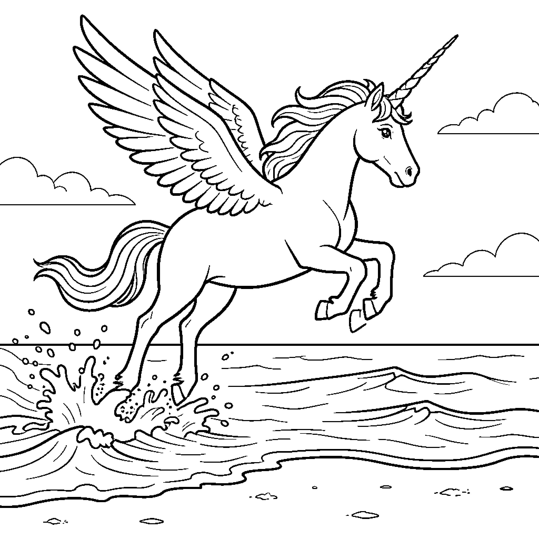 Unicorn jumping joyfully over ocean waves Coloring Page (free black-and-white line drawing printable PDF for all, from beginners to advanced learners, including children, teens, adults, and seniors)