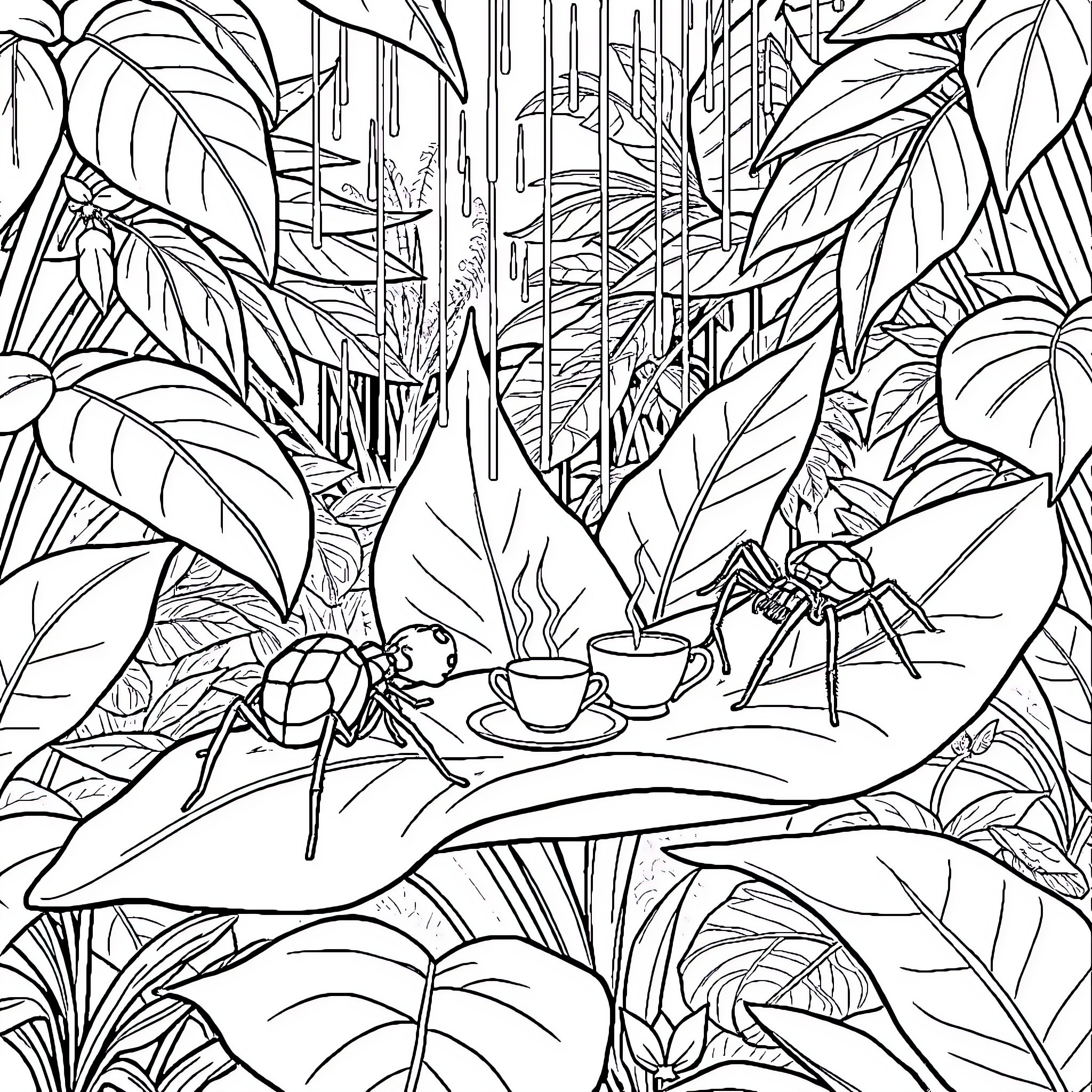 Spider enjoying tea time in the jungle Coloring Page (free black-and-white line drawing printable PDF for all, from beginners to advanced learners, including children, teens, adults, and seniors)