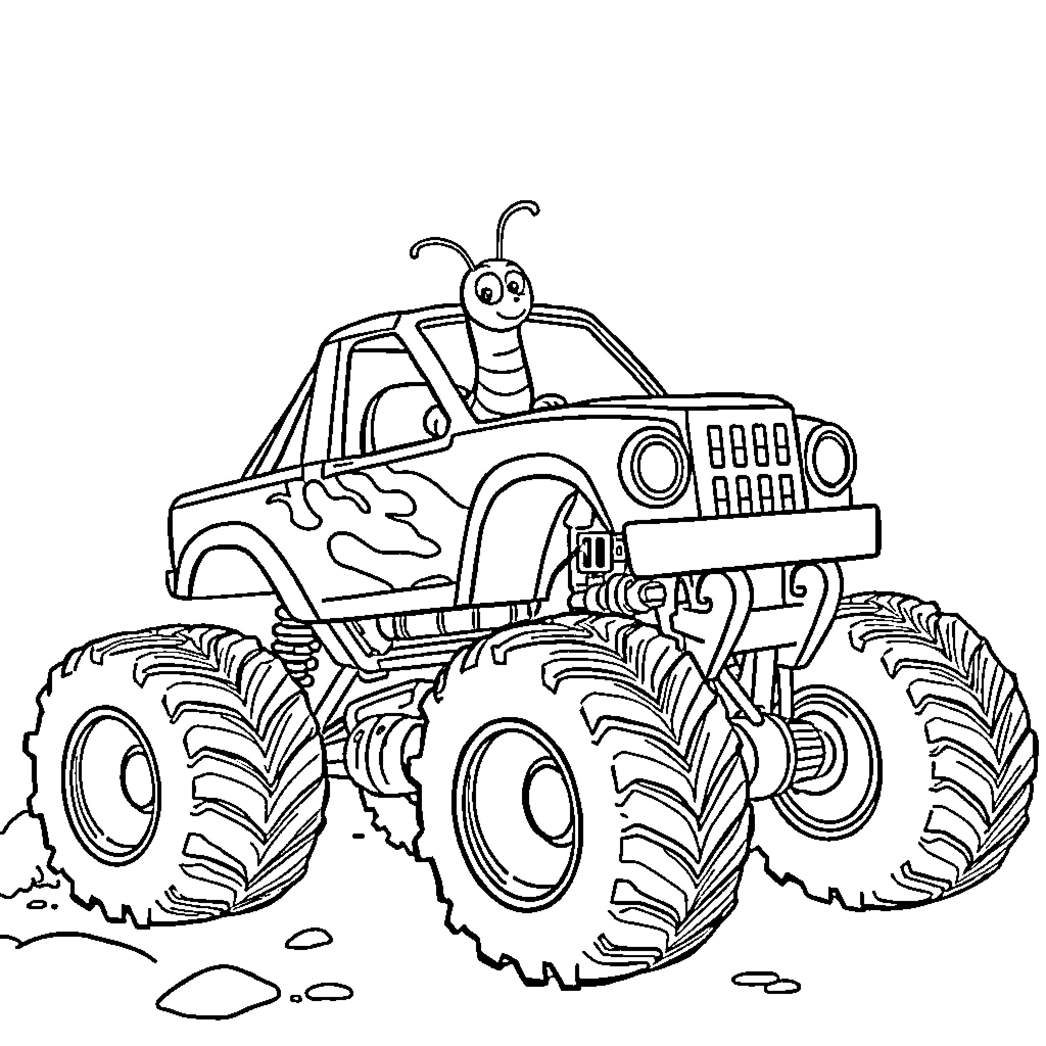 Worm driving a monster truck over rugged terrain Coloring Page (free black-and-white line drawing printable PDF for all, from beginners to advanced learners, including children, teens, adults, and seniors)
