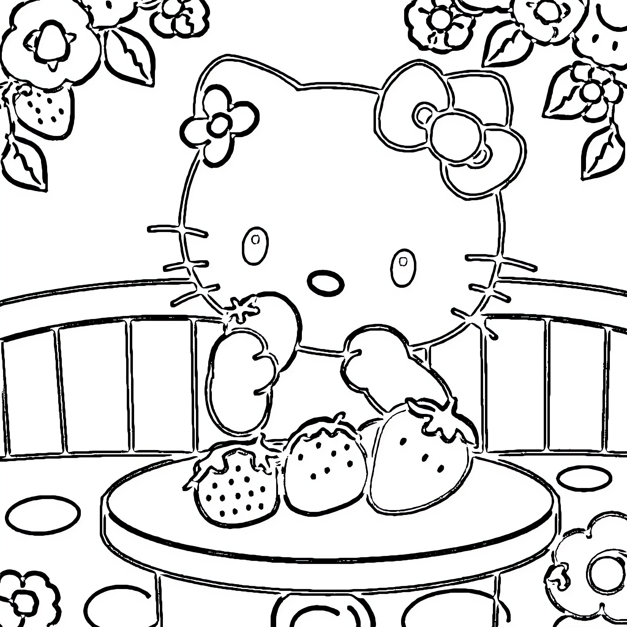 Hello Kitty enjoying strawberries with friends Coloring Page (free black-and-white line drawing printable PDF for all, from beginners to advanced learners, including children, teens, adults, and seniors)