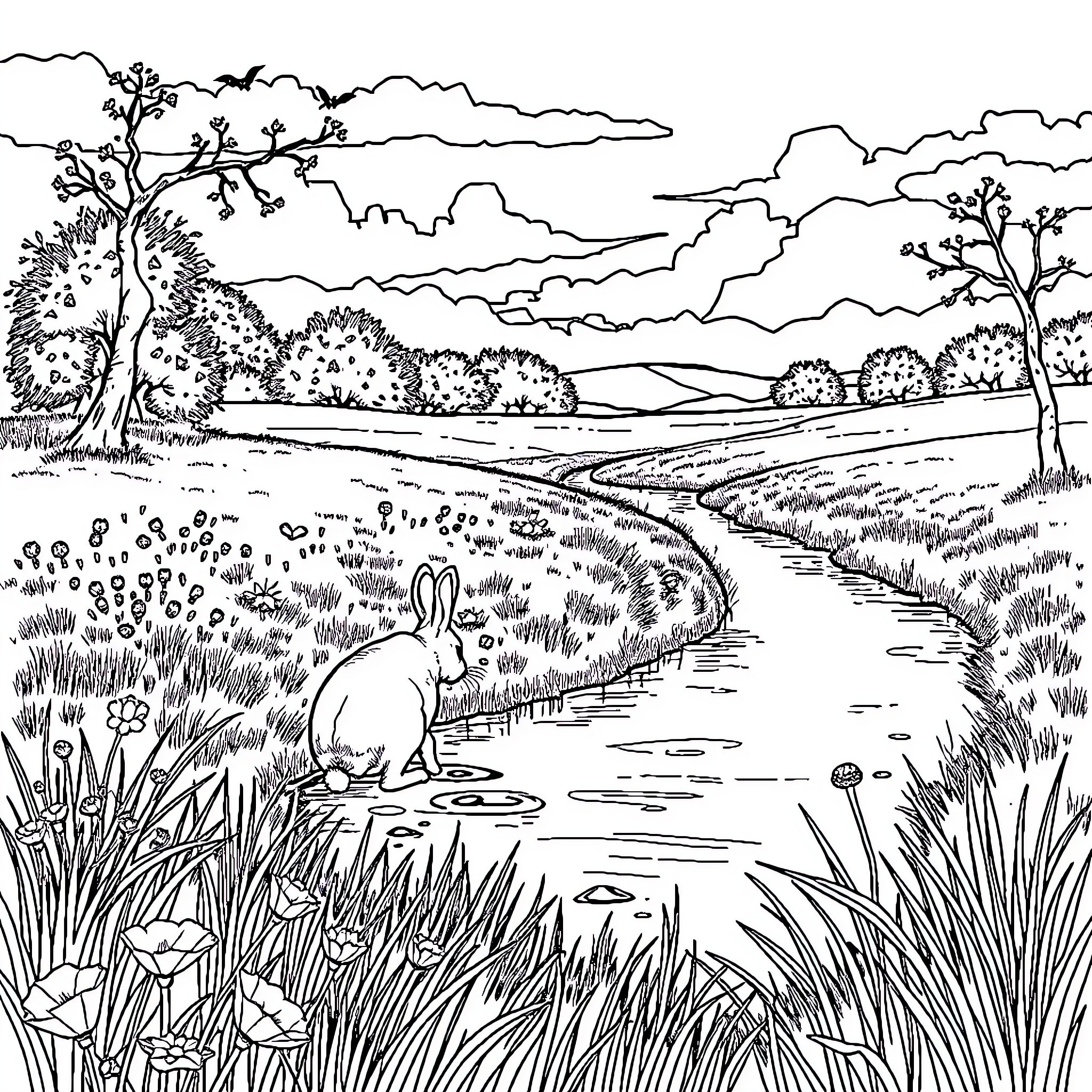 Chirp - Rabbit sitting by the stream in nature Coloring Page (free black-and-white line drawing printable PDF for all, from beginners to advanced learners, including children, teens, adults, and seniors)