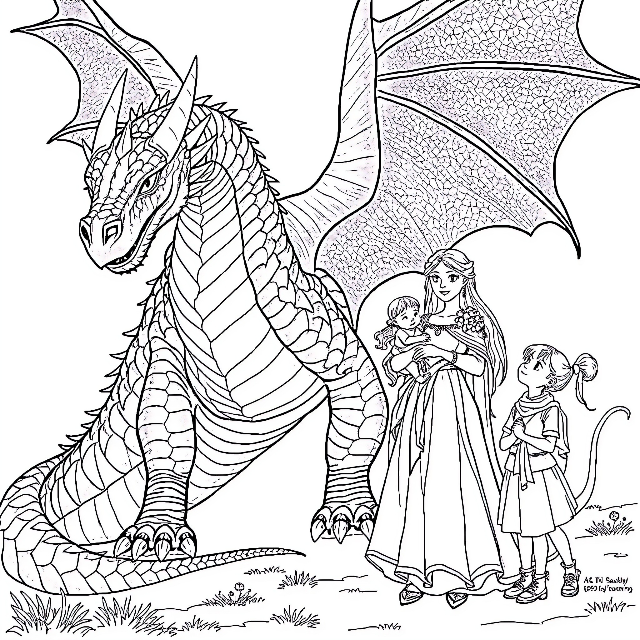 Dragon guarding a family in medieval fantasy Coloring Page (free black-and-white line drawing printable PDF for all, from beginners to advanced learners, including children, teens, adults, and seniors)
