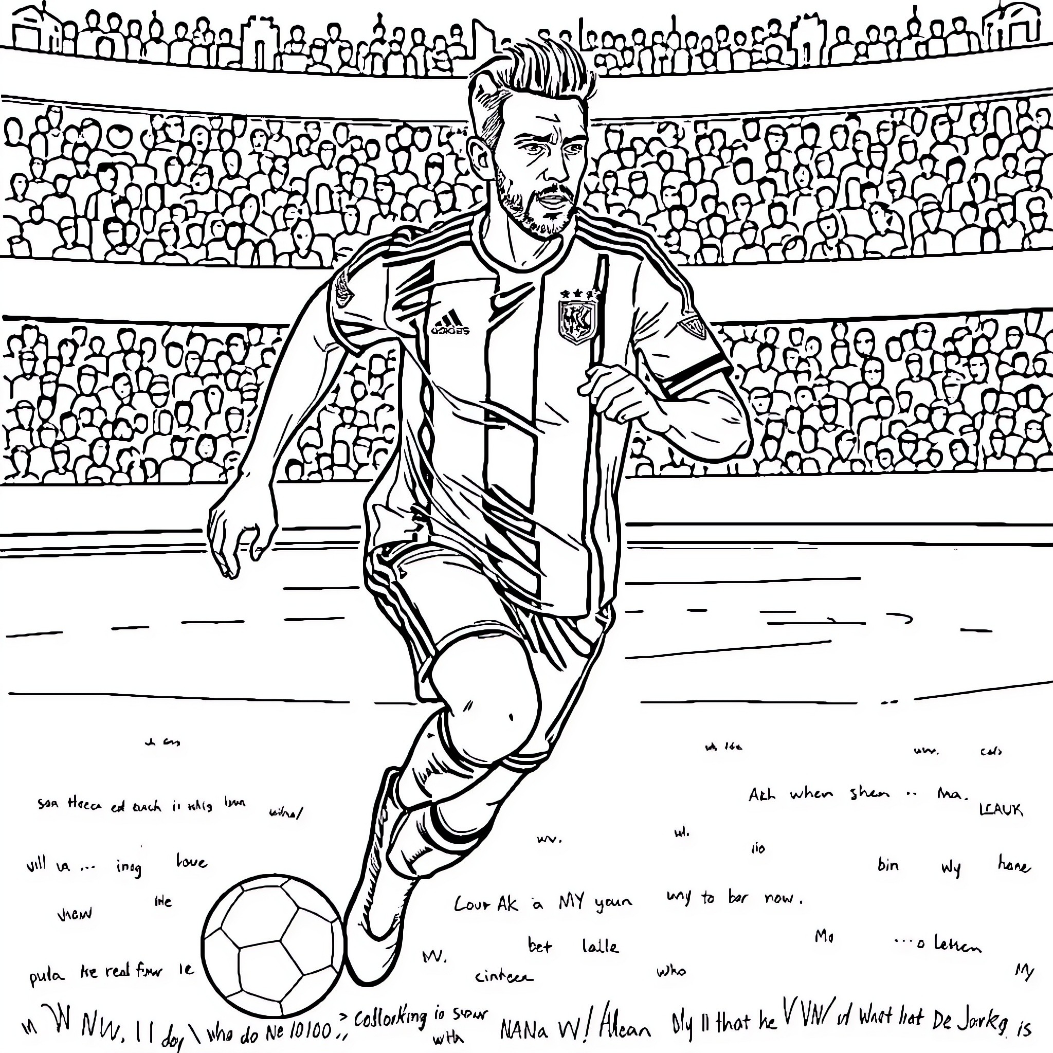 Luuk de Jong playing football on the field Coloring Page (free black-and-white line drawing printable PDF for all, from beginners to advanced learners, including children, teens, adults, and seniors)