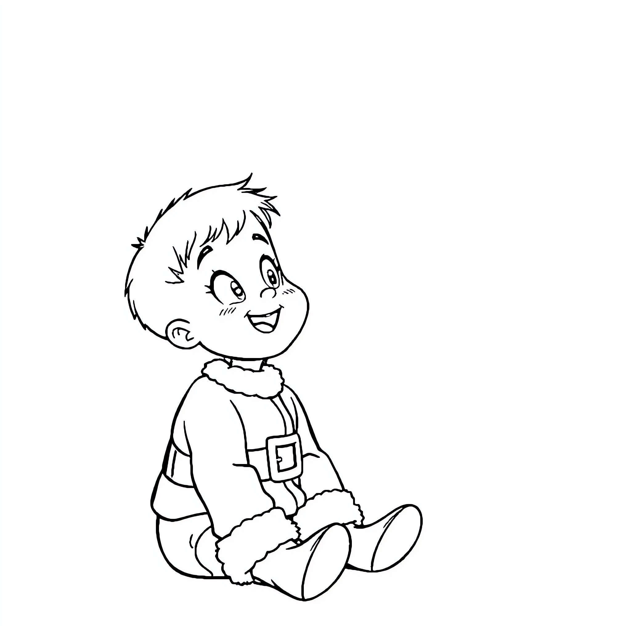 Boy sitting happily in black and white illustration Coloring Page (free black-and-white line drawing printable PDF for all, from beginners to advanced learners, including children, teens, adults, and seniors)
