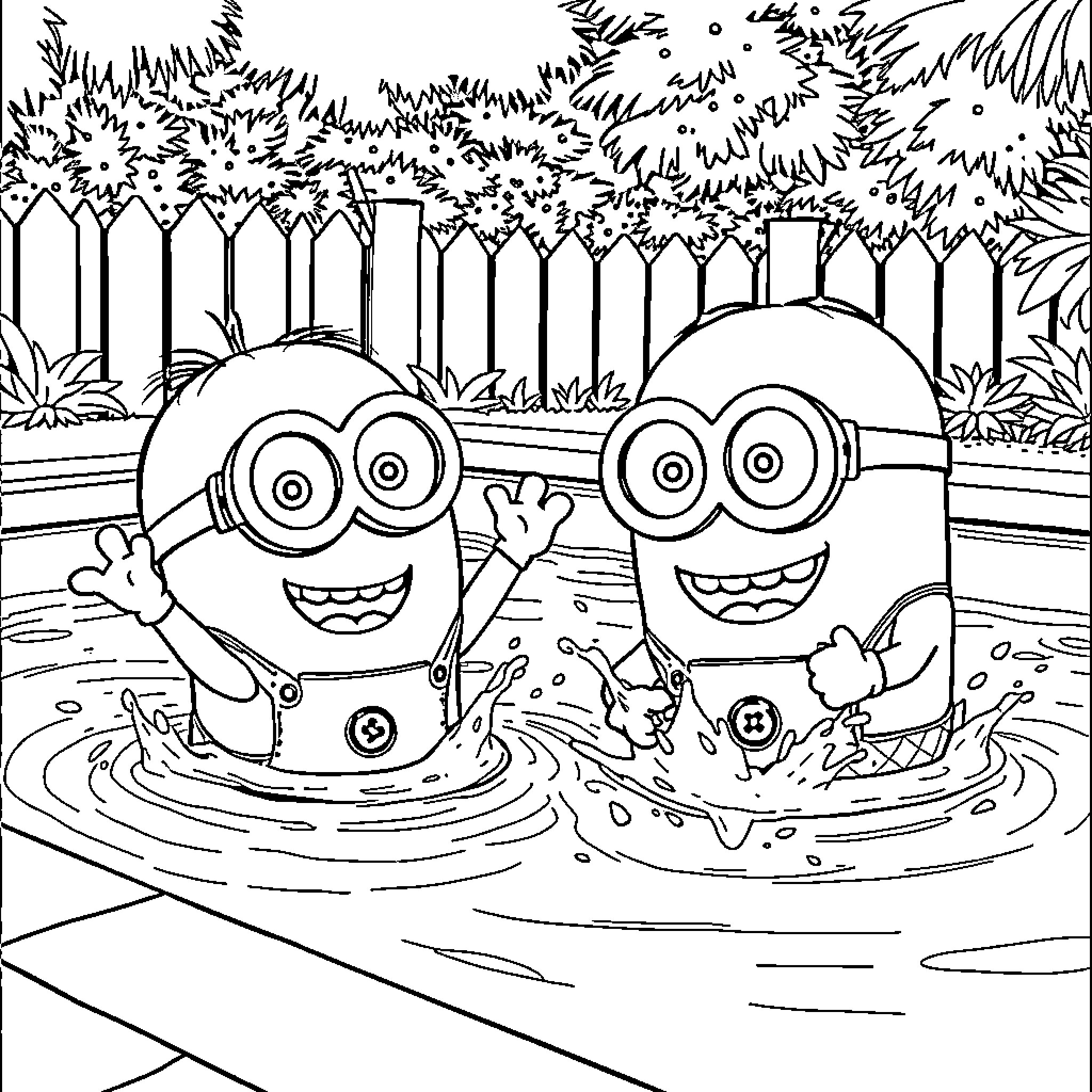 Minions splashing and laughing in a swimming pool Coloring Page (free black-and-white line drawing printable PDF for all, from beginners to advanced learners, including children, teens, adults, and seniors)