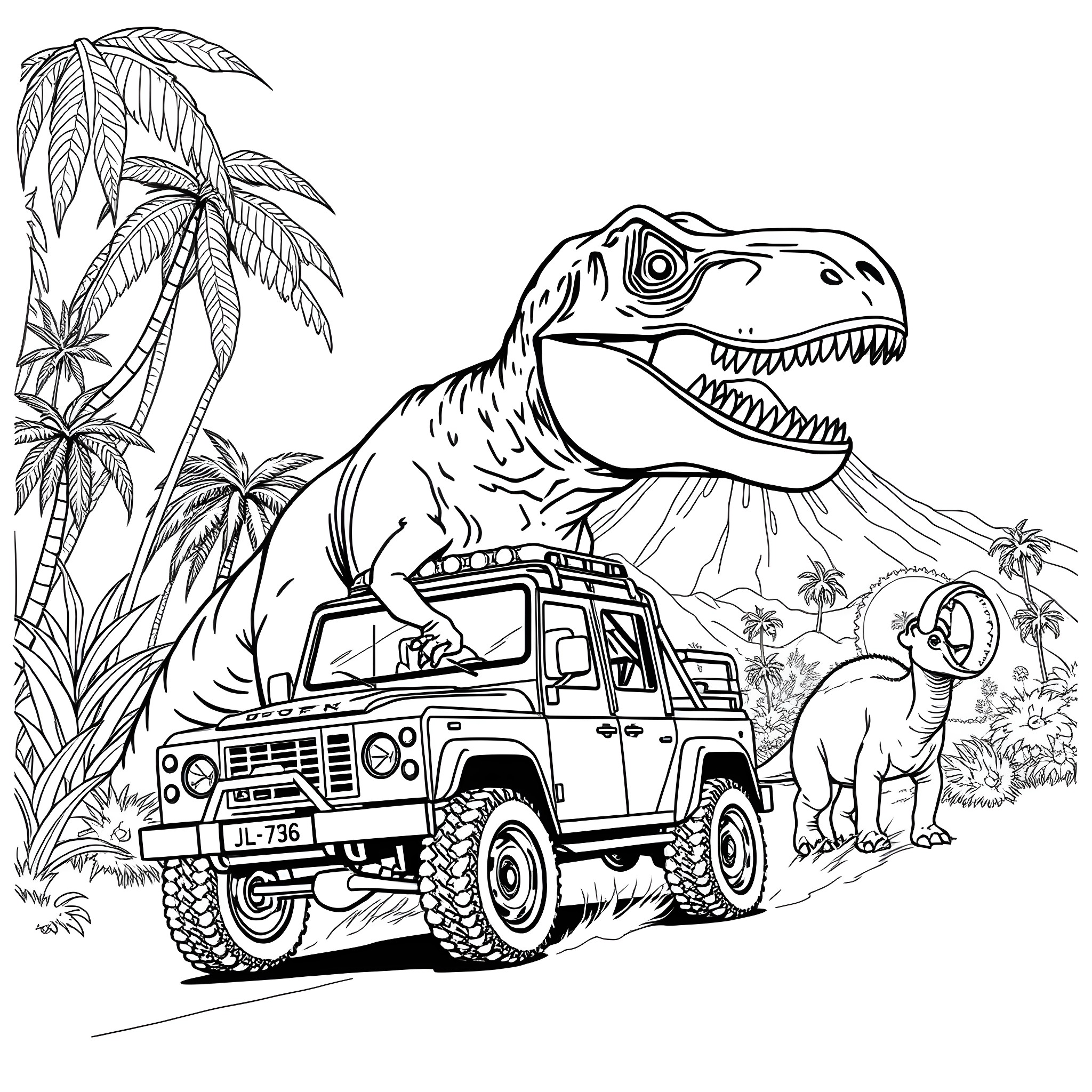 Dinosaur exploring the jungle with adventure vehicle Coloring Page (free black-and-white line drawing printable PDF for all, from beginners to advanced learners, including children, teens, adults, and seniors)
