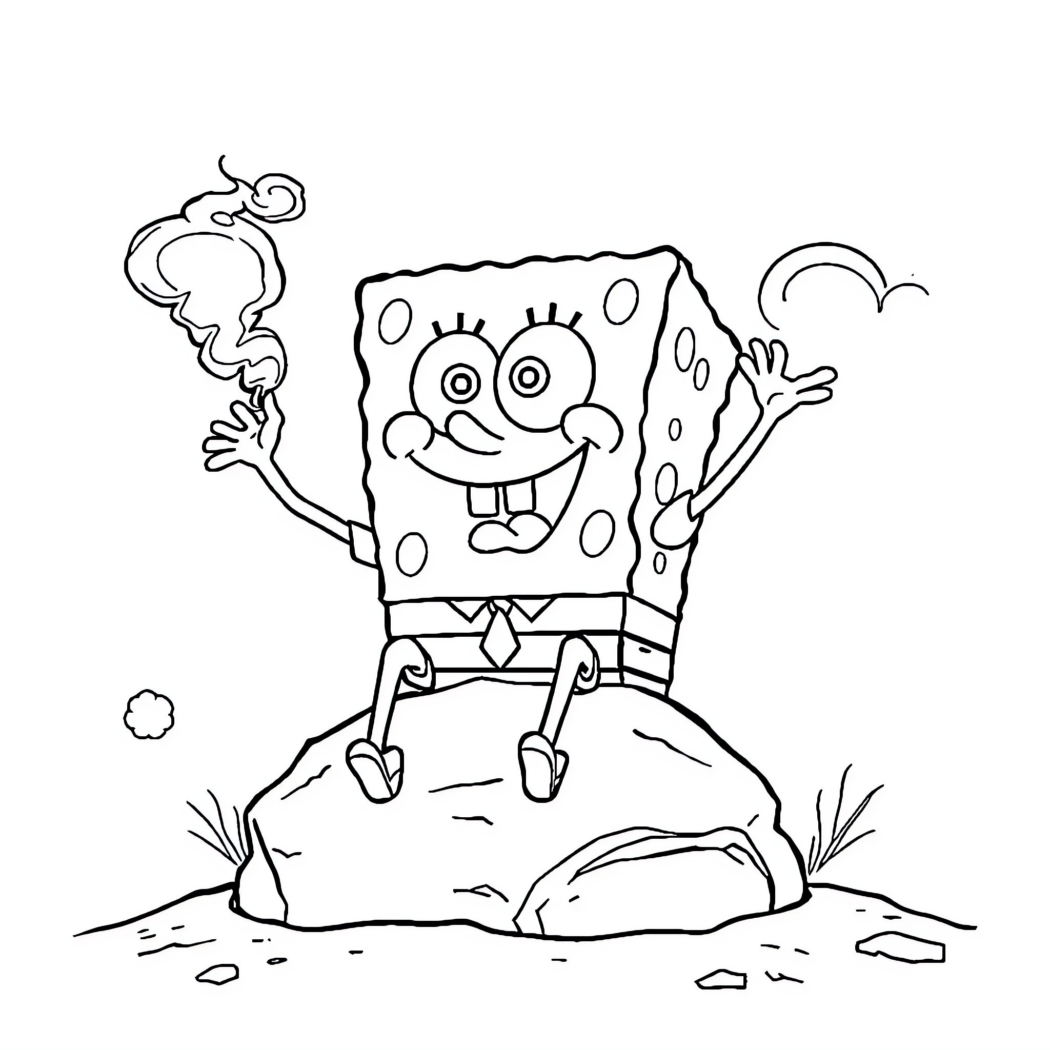 Spongebob jumping excitedly on a rock Coloring Page (free black-and-white line drawing printable PDF for all, from beginners to advanced learners, including children, teens, adults, and seniors)