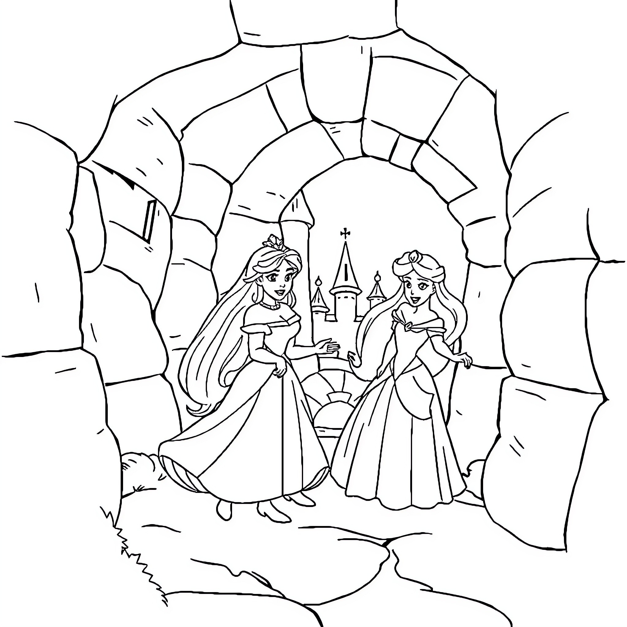 Disney Princess exploring castle grounds together Coloring Page (free black-and-white line drawing printable PDF for all, from beginners to advanced learners, including children, teens, adults, and seniors)