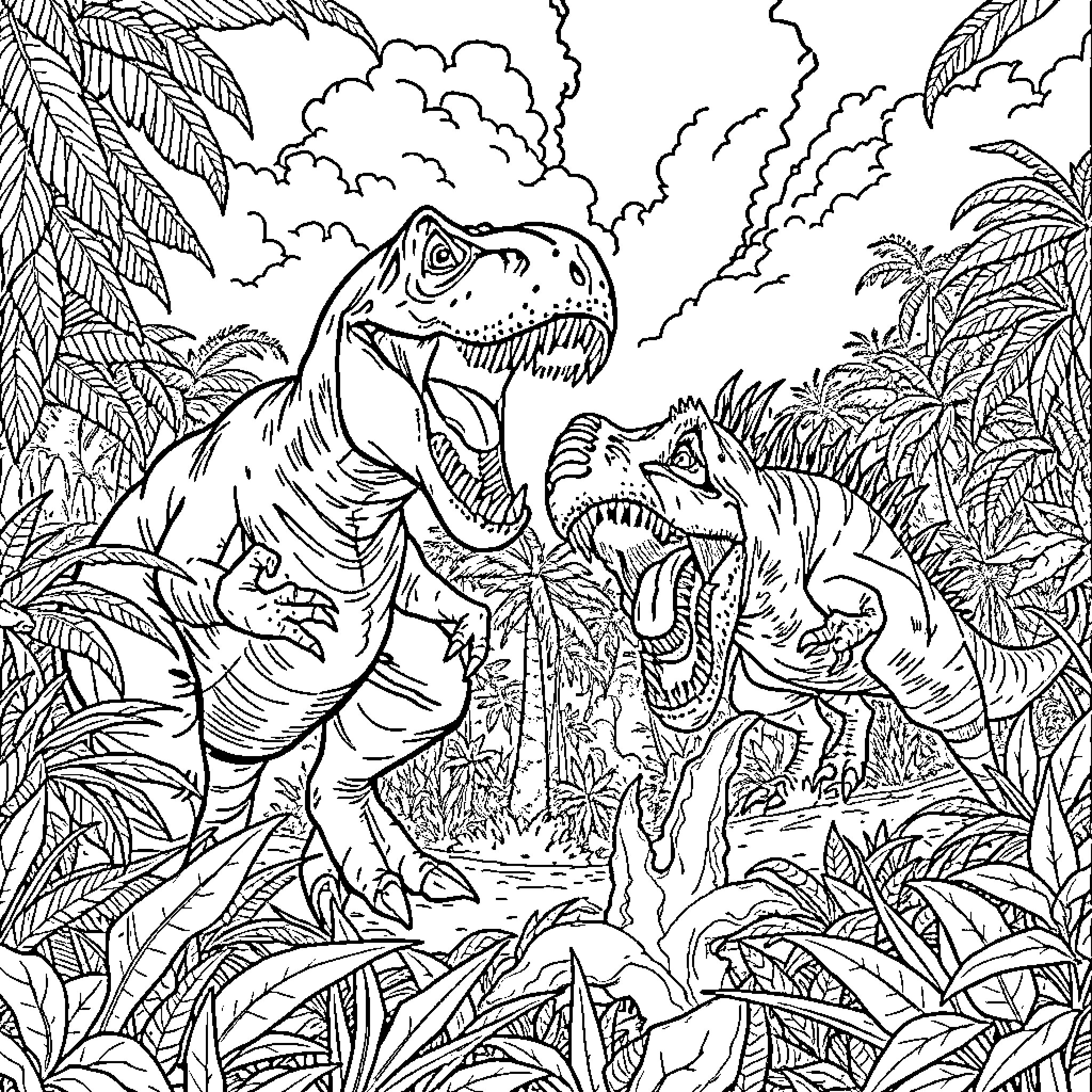 T-Rex Roaring Fiercely in Prehistoric Jungle Coloring Page (free black-and-white line drawing printable PDF for all, from beginners to advanced learners, including children, teens, adults, and seniors)