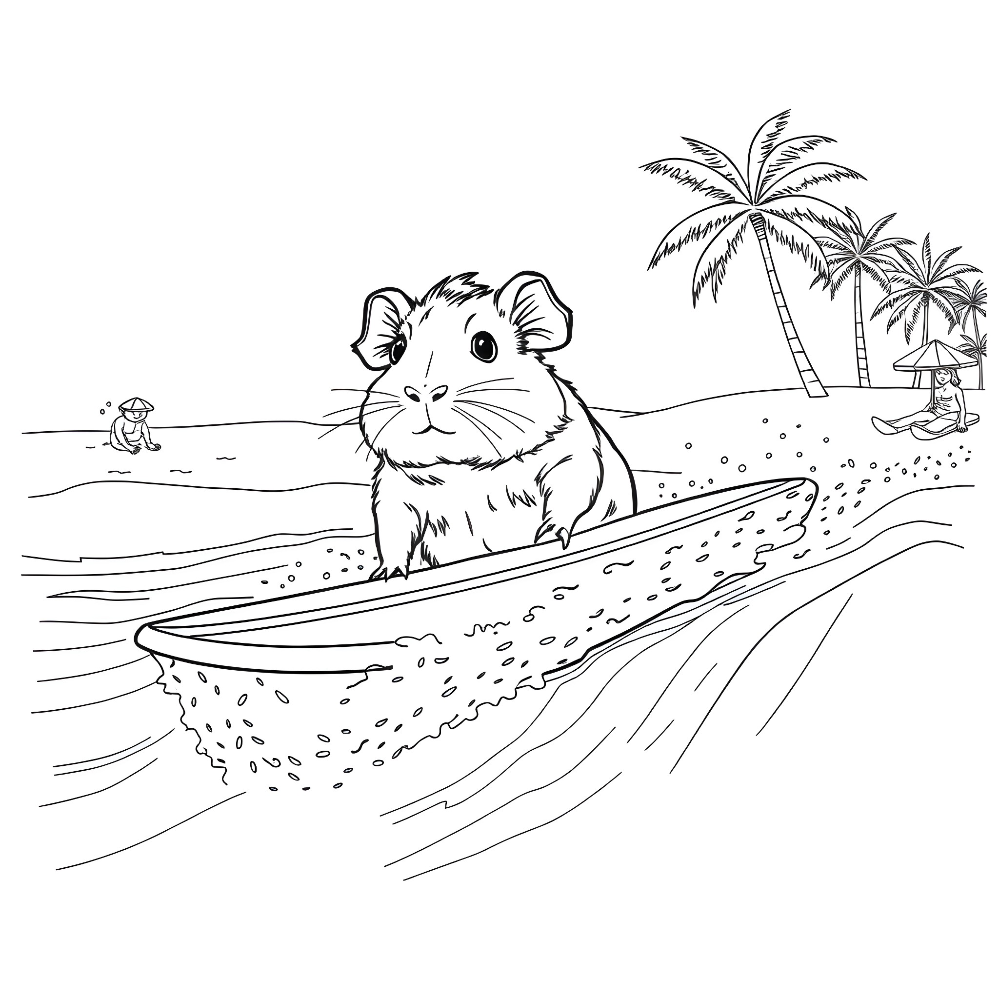 Guinea Pig surfing on the beach Coloring Page (free black-and-white line drawing printable PDF for all, from beginners to advanced learners, including children, teens, adults, and seniors)