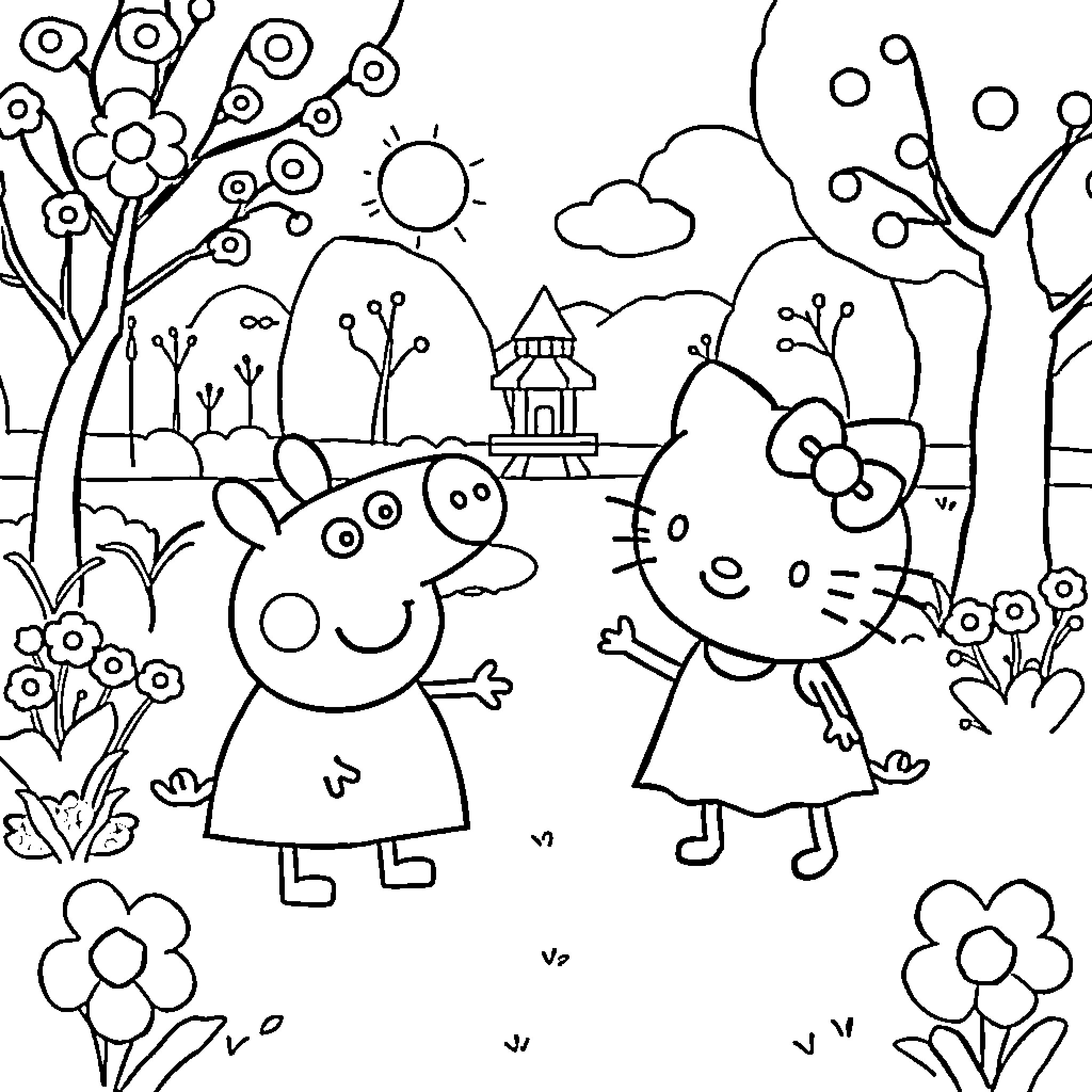 Peppa Pig and Hello Kitty enjoying a spring day Coloring Page (free black-and-white line drawing printable PDF for all, from beginners to advanced learners, including children, teens, adults, and seniors)