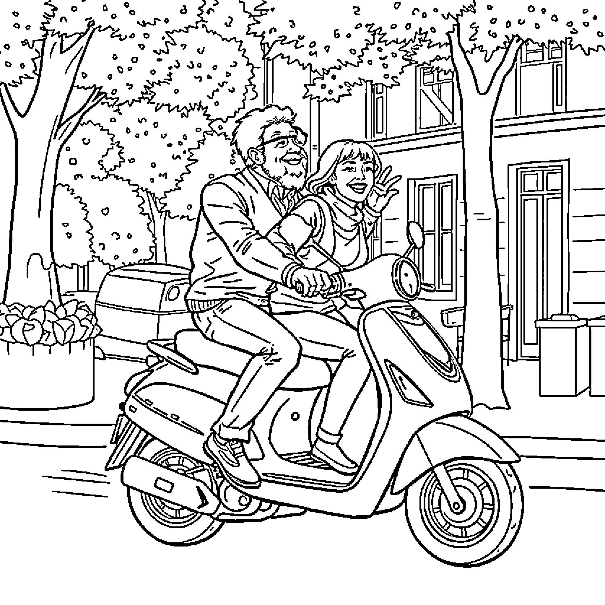 Grandfather and granddaughter riding scooter on city street Coloring Page (free black-and-white line drawing printable PDF for all, from beginners to advanced learners, including children, teens, adults, and seniors)