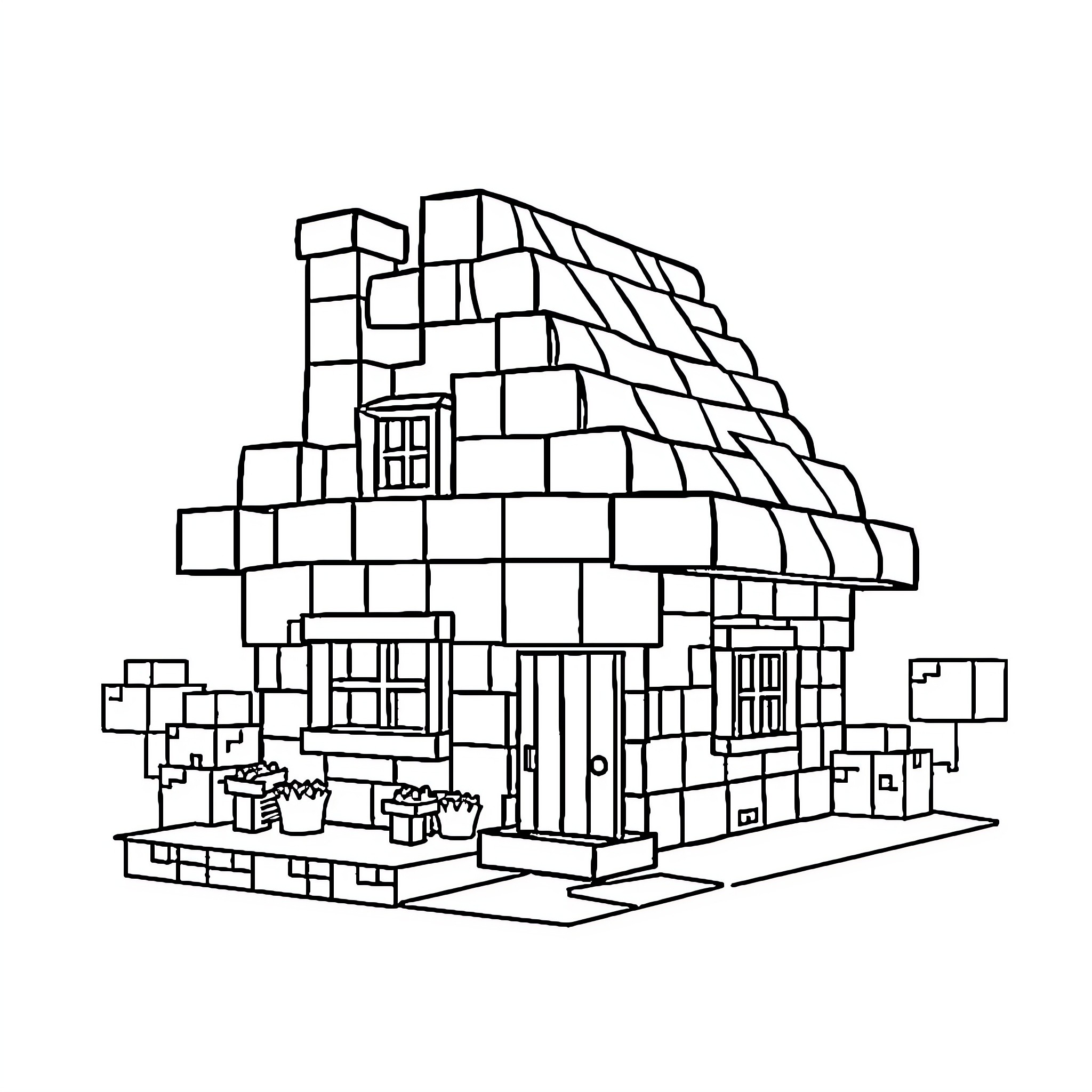 Minecraft House with Intricate Block Design Coloring Page (free black-and-white line drawing printable PDF for all, from beginners to advanced learners, including children, teens, adults, and seniors)