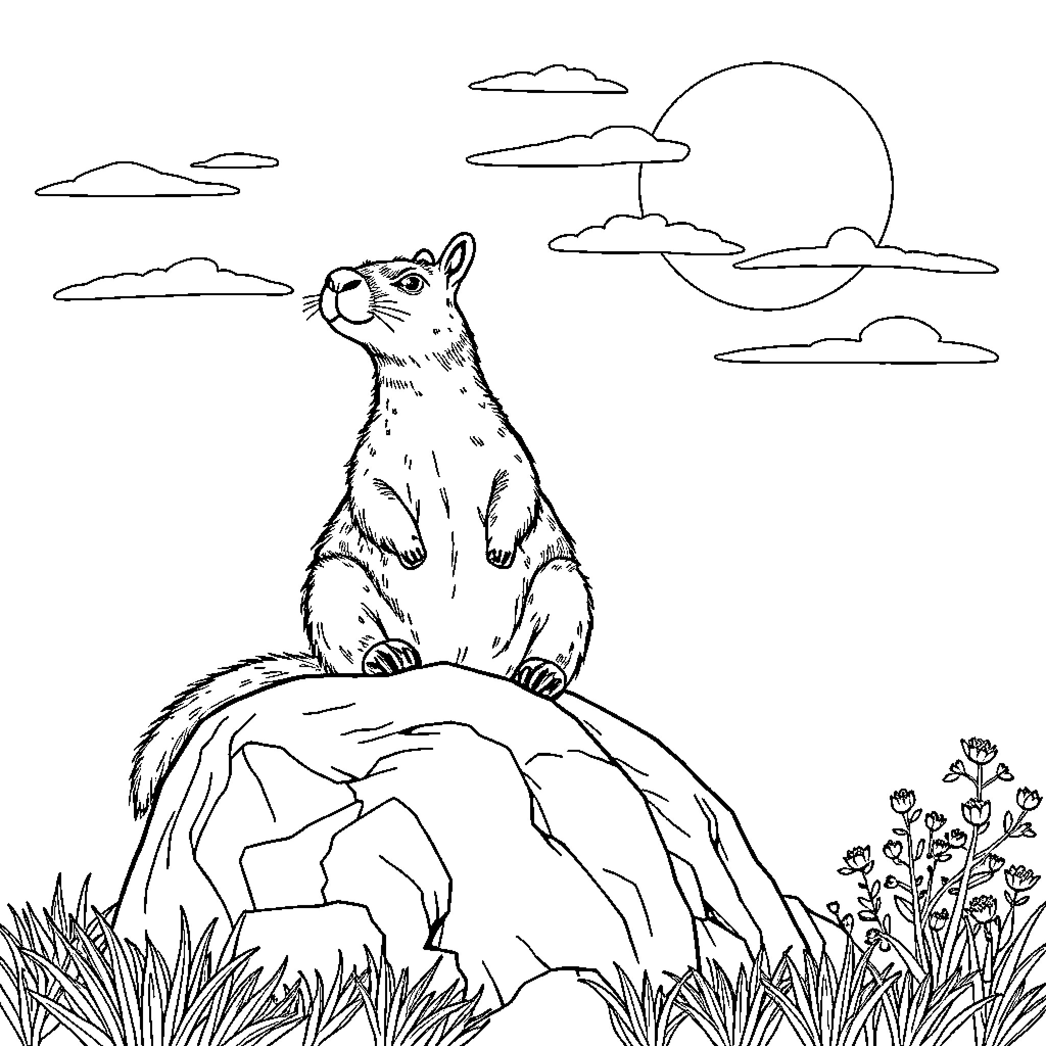 Capybara admiring the sunset on a cliff Coloring Page (free black-and-white line drawing printable PDF for all, from beginners to advanced learners, including children, teens, adults, and seniors)