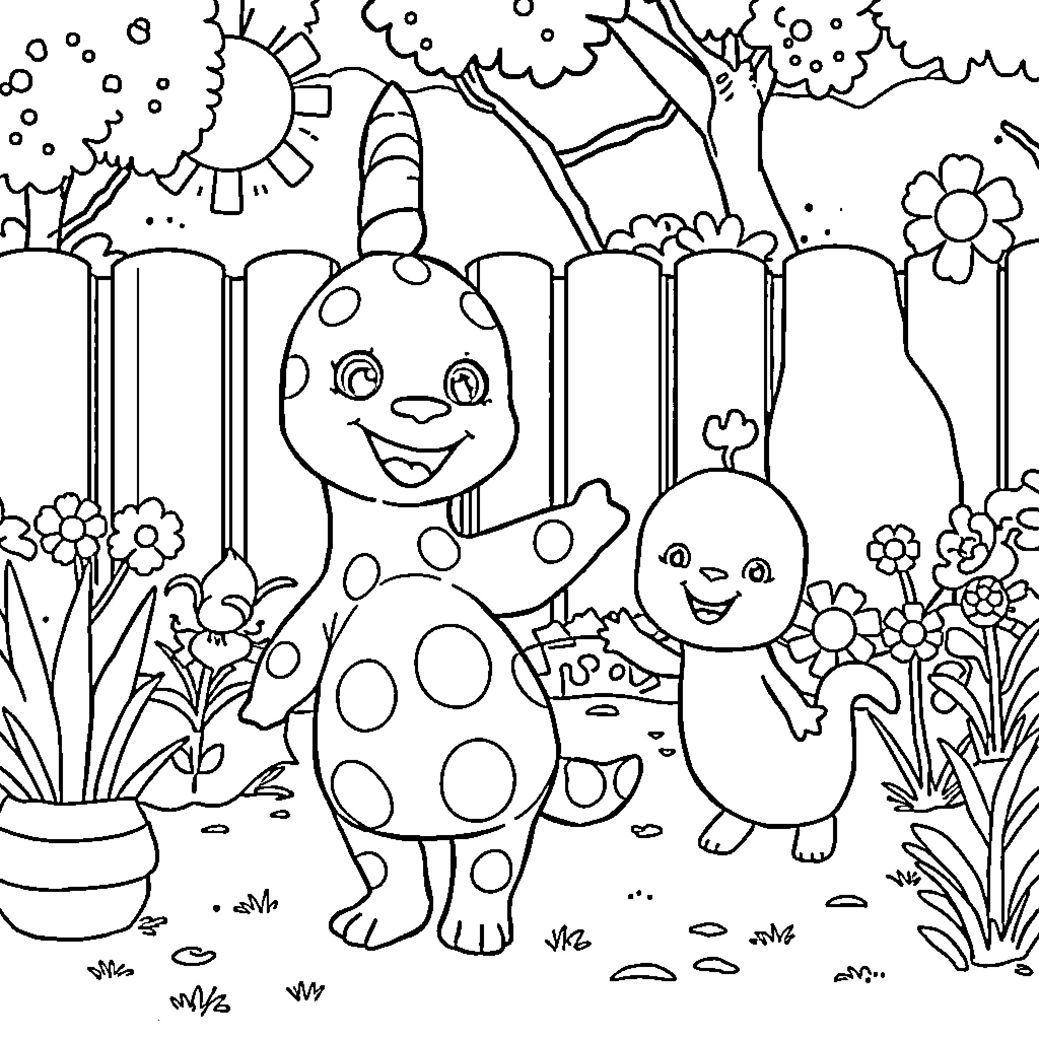 Uniqua's Whimsical Playdate in the Enchanting Outdoors Coloring Page (free black-and-white line drawing printable PDF for all, from beginners to advanced learners, including children, teens, adults, and seniors)