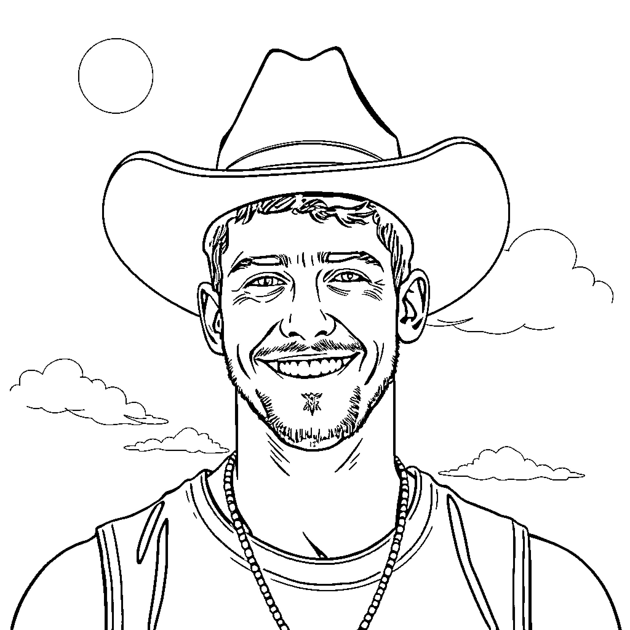 Luka Doncic in a Cowboy Hat Coloring Page (free black-and-white line drawing printable PDF for all, from beginners to advanced learners, including children, teens, adults, and seniors)