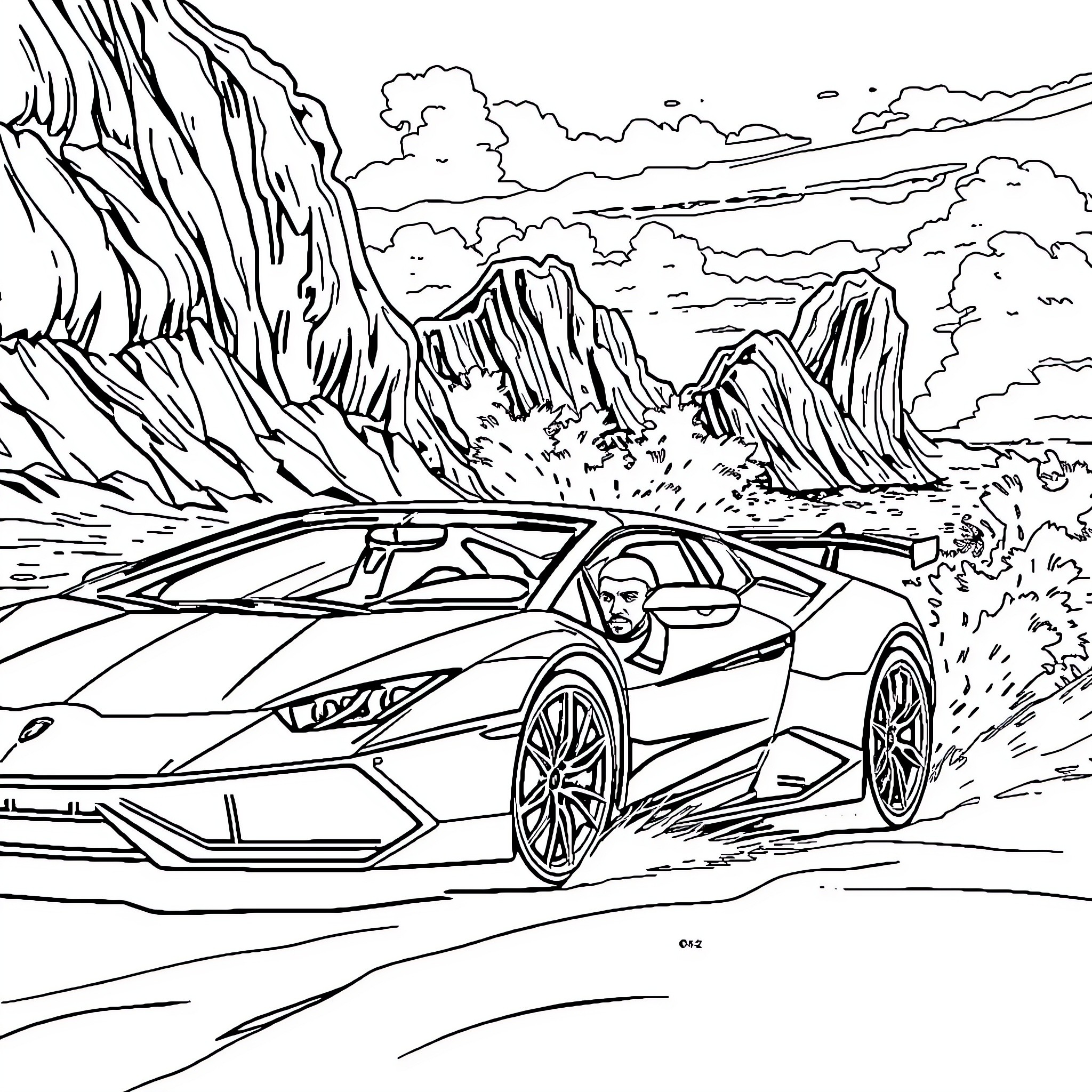 LeBron James' Supercar Speeds Through Rugged Terrain Coloring Page (free black-and-white line drawing printable PDF for all, from beginners to advanced learners, including children, teens, adults, and seniors)