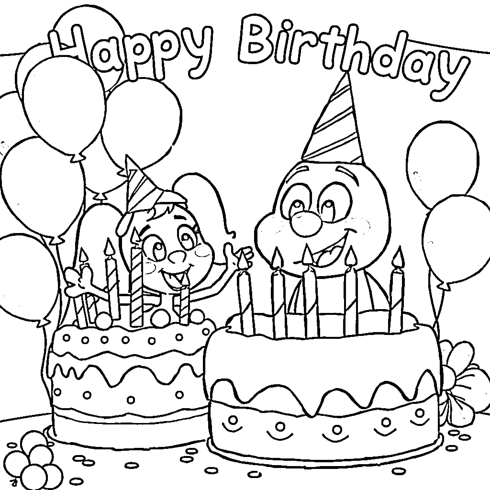 Blue's Clues Birthday Celebration with Cake and Balloons Coloring Page (free black-and-white line drawing printable PDF for all, from beginners to advanced learners, including children, teens, adults, and seniors)