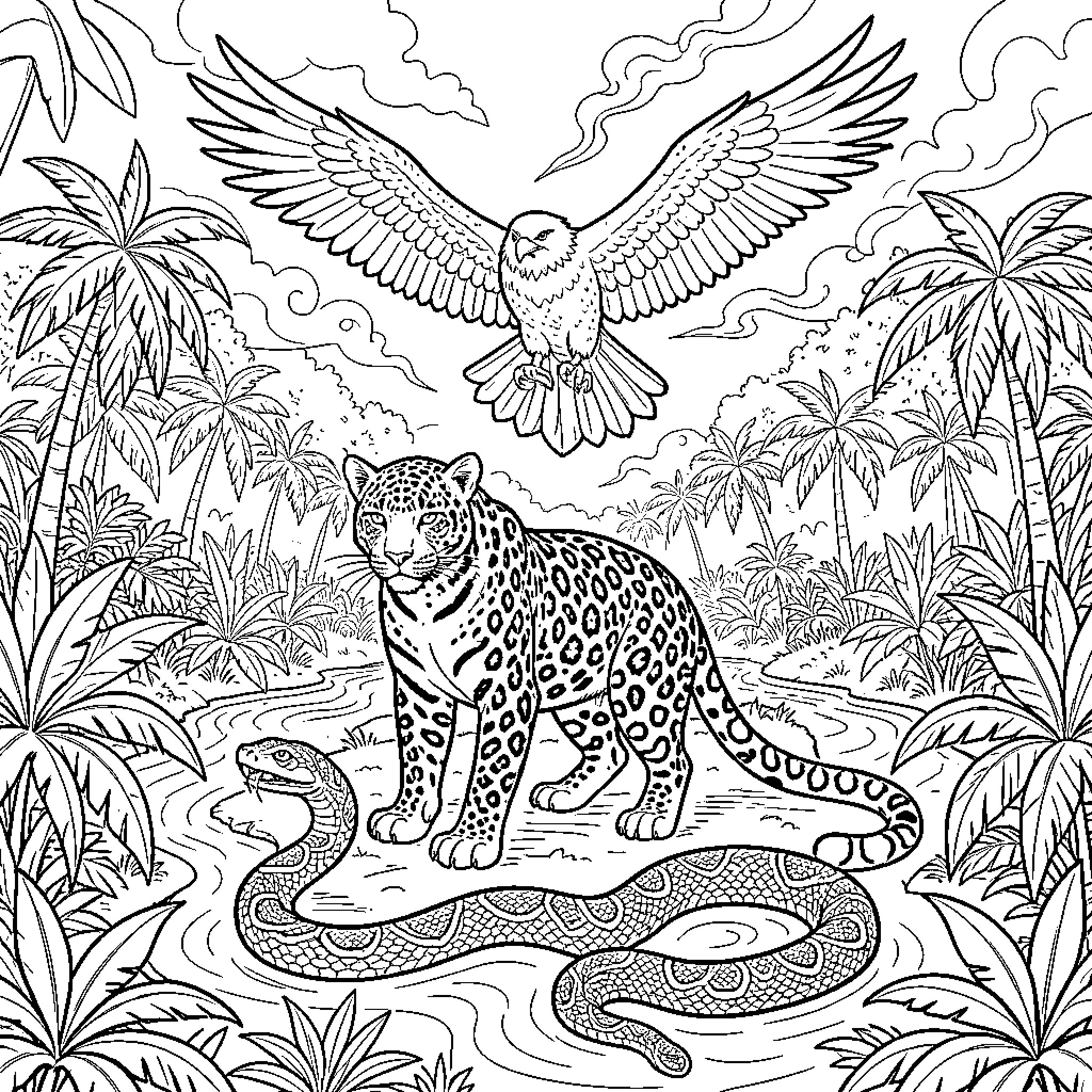 Jaguar standing amidst tropical jungle wildlife Coloring Page (free black-and-white line drawing printable PDF for all, from beginners to advanced learners, including children, teens, adults, and seniors)