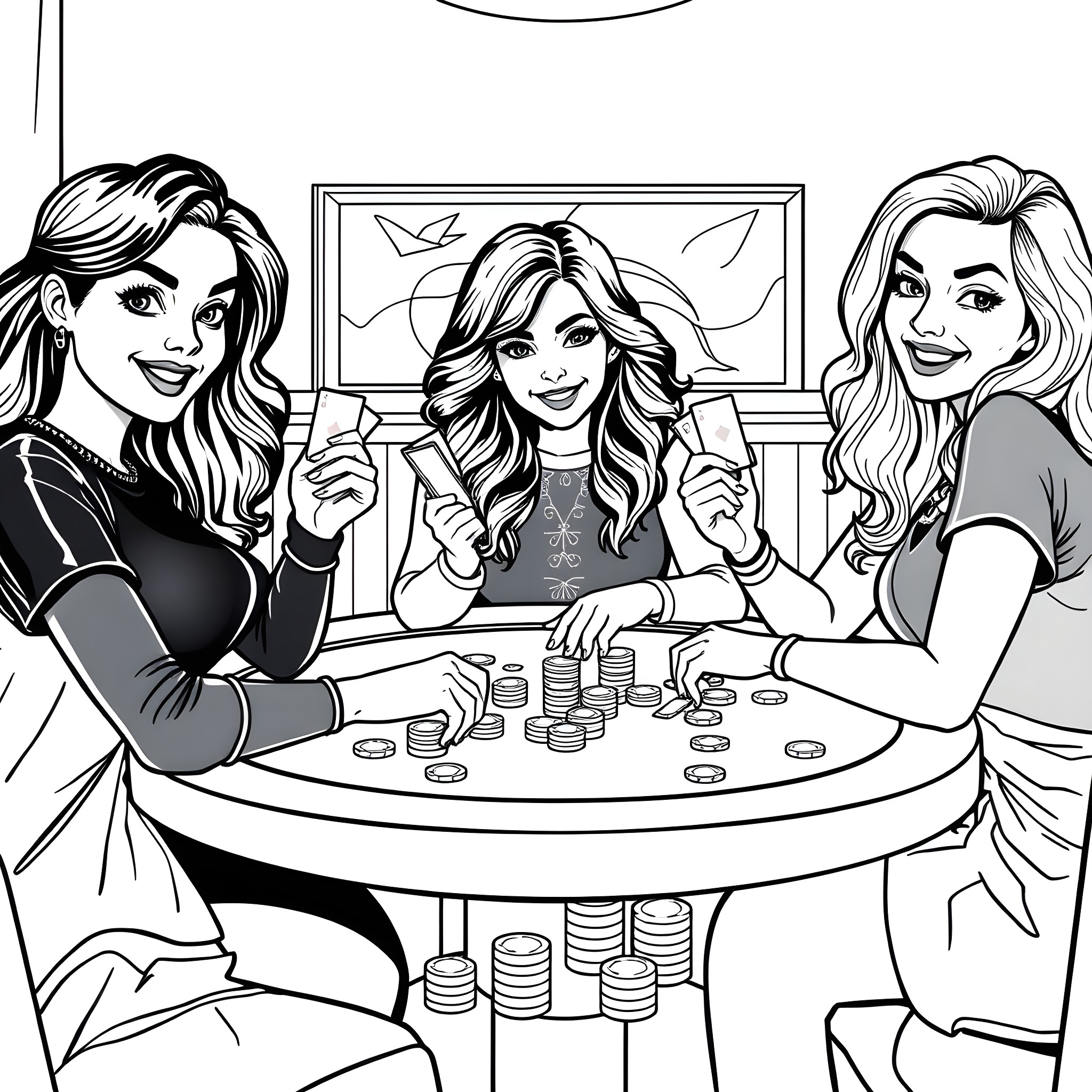 Women playing poker in a relaxed setting Coloring Page (free black-and-white line drawing printable PDF for all, from beginners to advanced learners, including children, teens, adults, and seniors)