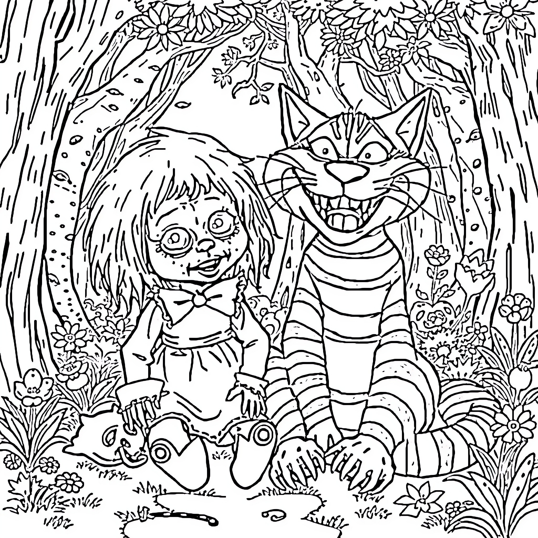 Doll and playful cat in the enchanted forest Coloring Page (free black-and-white line drawing printable PDF for all, from beginners to advanced learners, including children, teens, adults, and seniors)