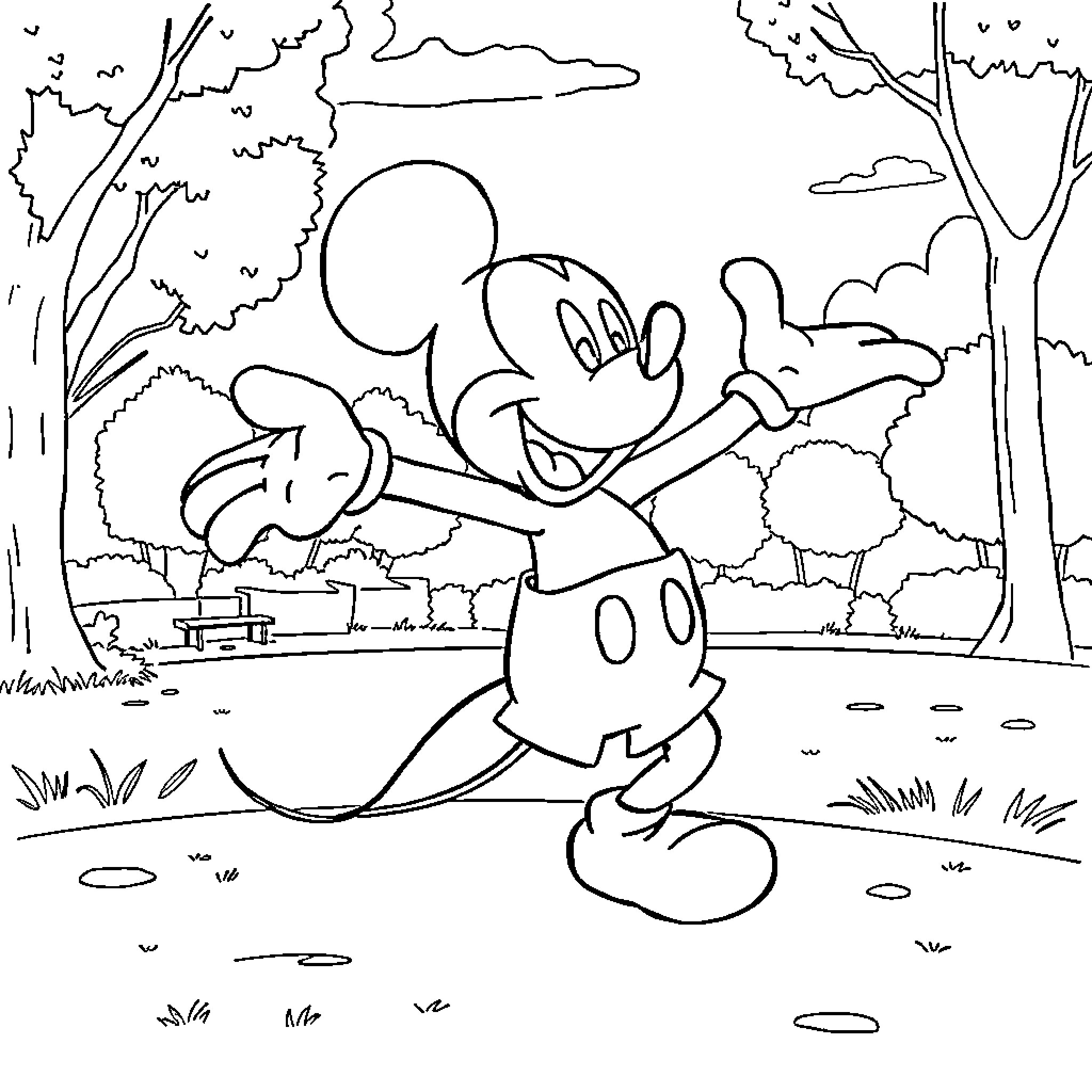 Mickey Enjoying a Playful Outdoor Adventure Coloring Page (free black-and-white line drawing printable PDF for all, from beginners to advanced learners, including children, teens, adults, and seniors)