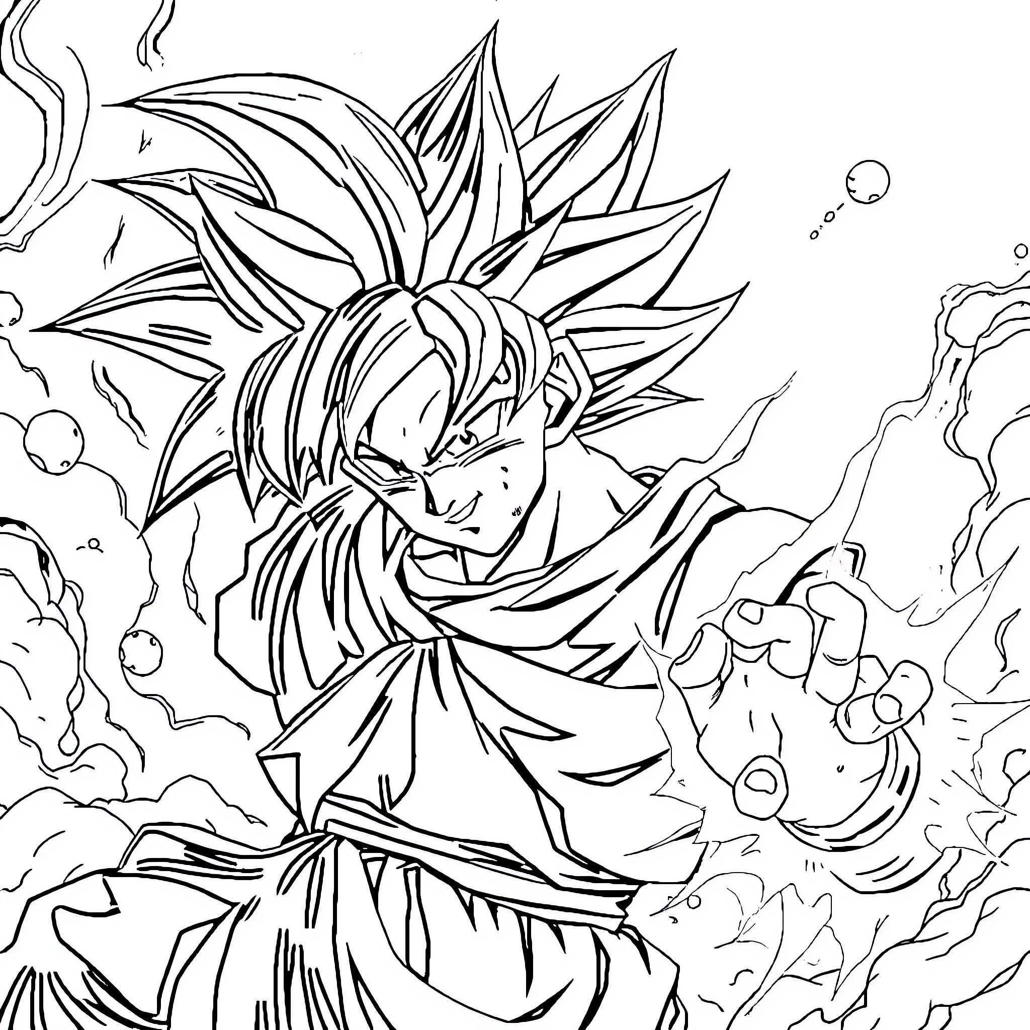 Son Goku's Powerful Transformation Coloring Page (free black-and-white line drawing printable PDF for all, from beginners to advanced learners, including children, teens, adults, and seniors)