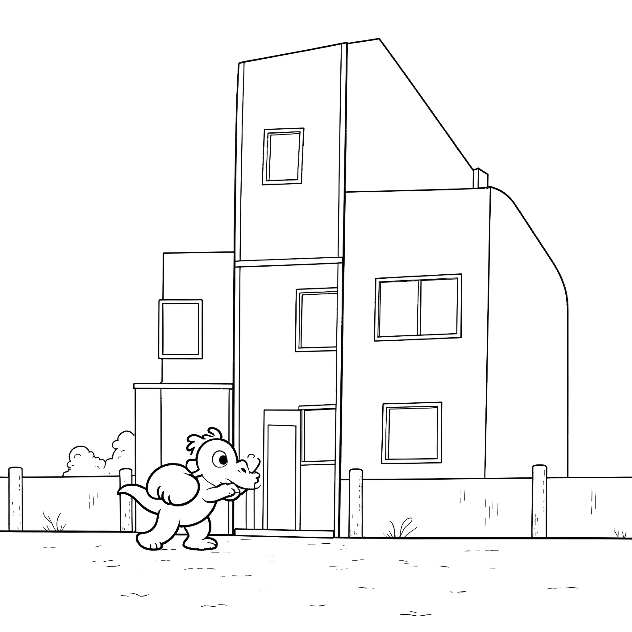 Kaiju monster exploring mysterious building Coloring Page (free black-and-white line drawing printable PDF for all, from beginners to advanced learners, including children, teens, adults, and seniors)