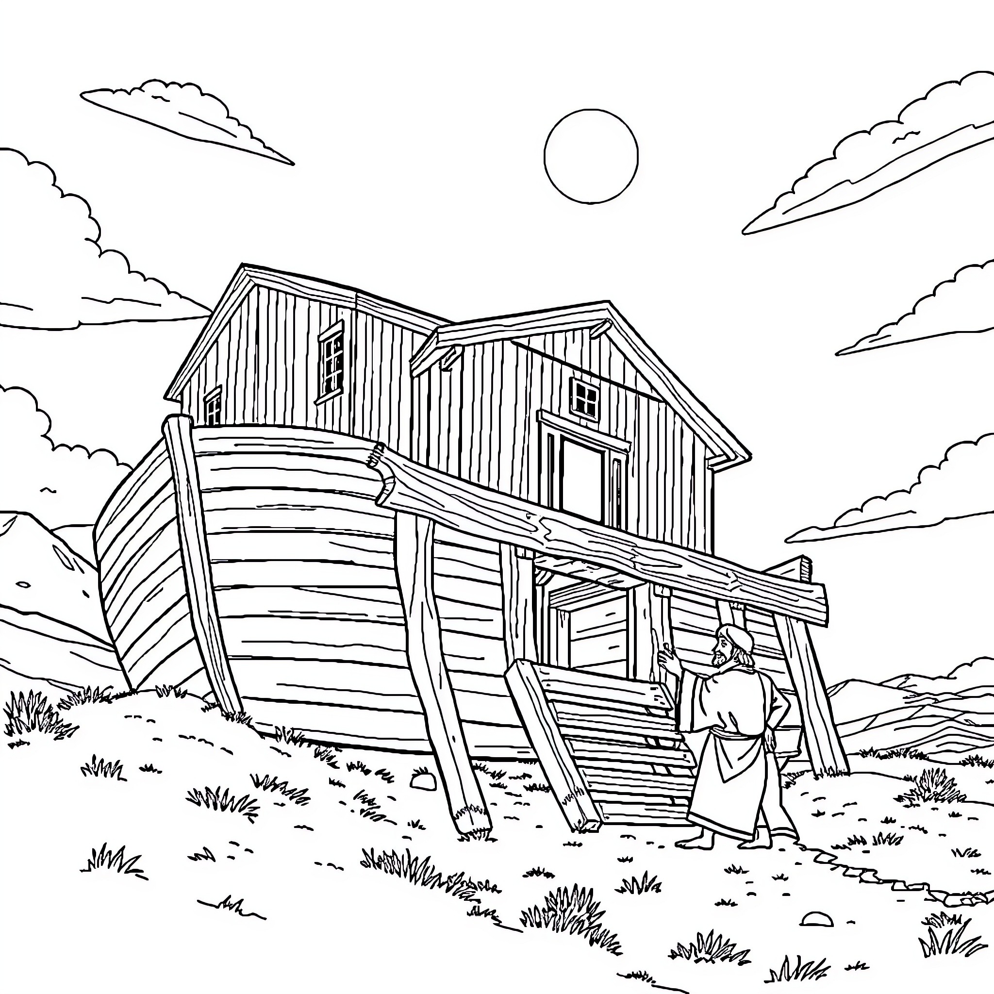 Noah and the Wooden Ark Resting on the Hillside Coloring Page (free black-and-white line drawing printable PDF for all, from beginners to advanced learners, including children, teens, adults, and seniors)