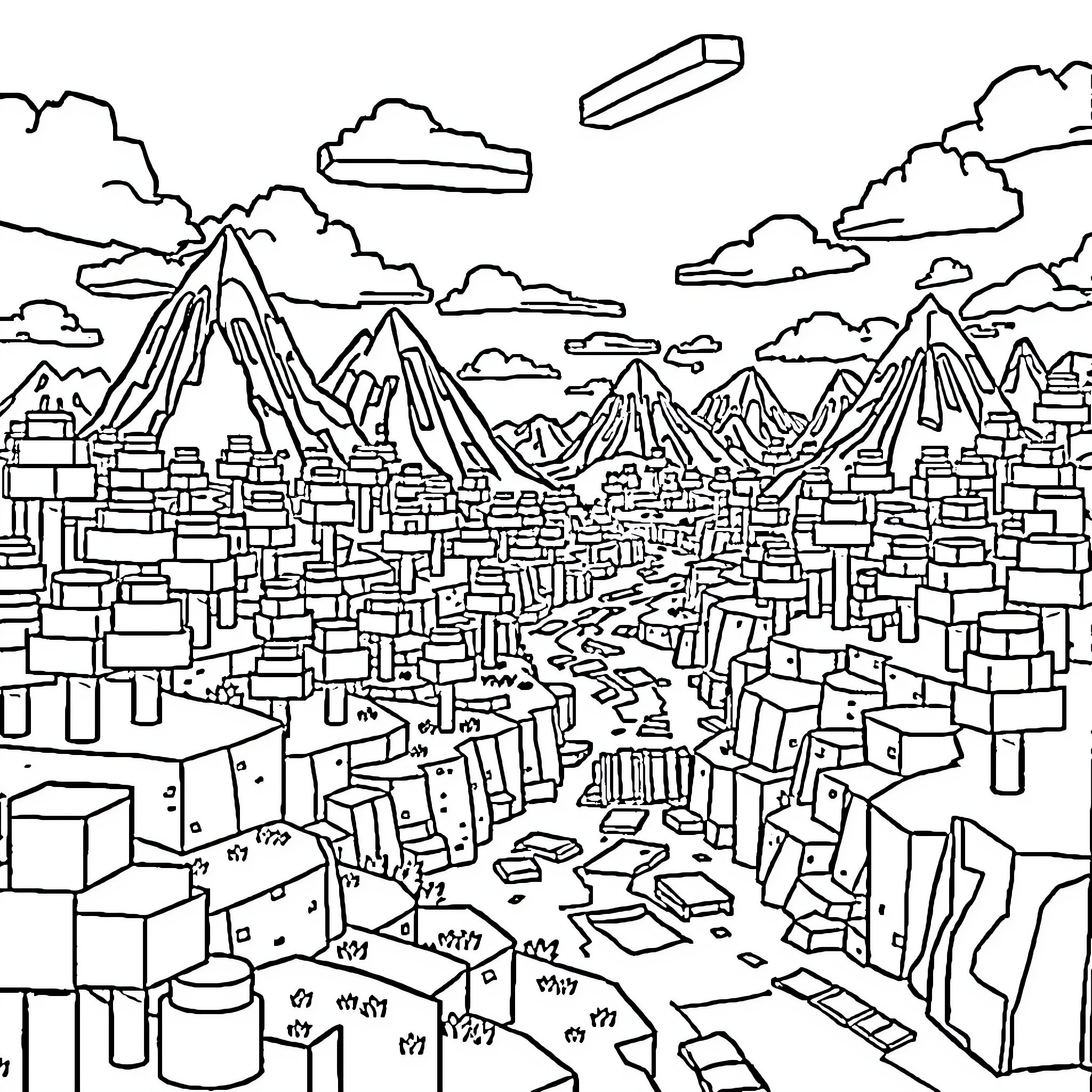 Minecraft landscape with towering mountains and cityscape Coloring Page (free black-and-white line drawing printable PDF for all, from beginners to advanced learners, including children, teens, adults, and seniors)