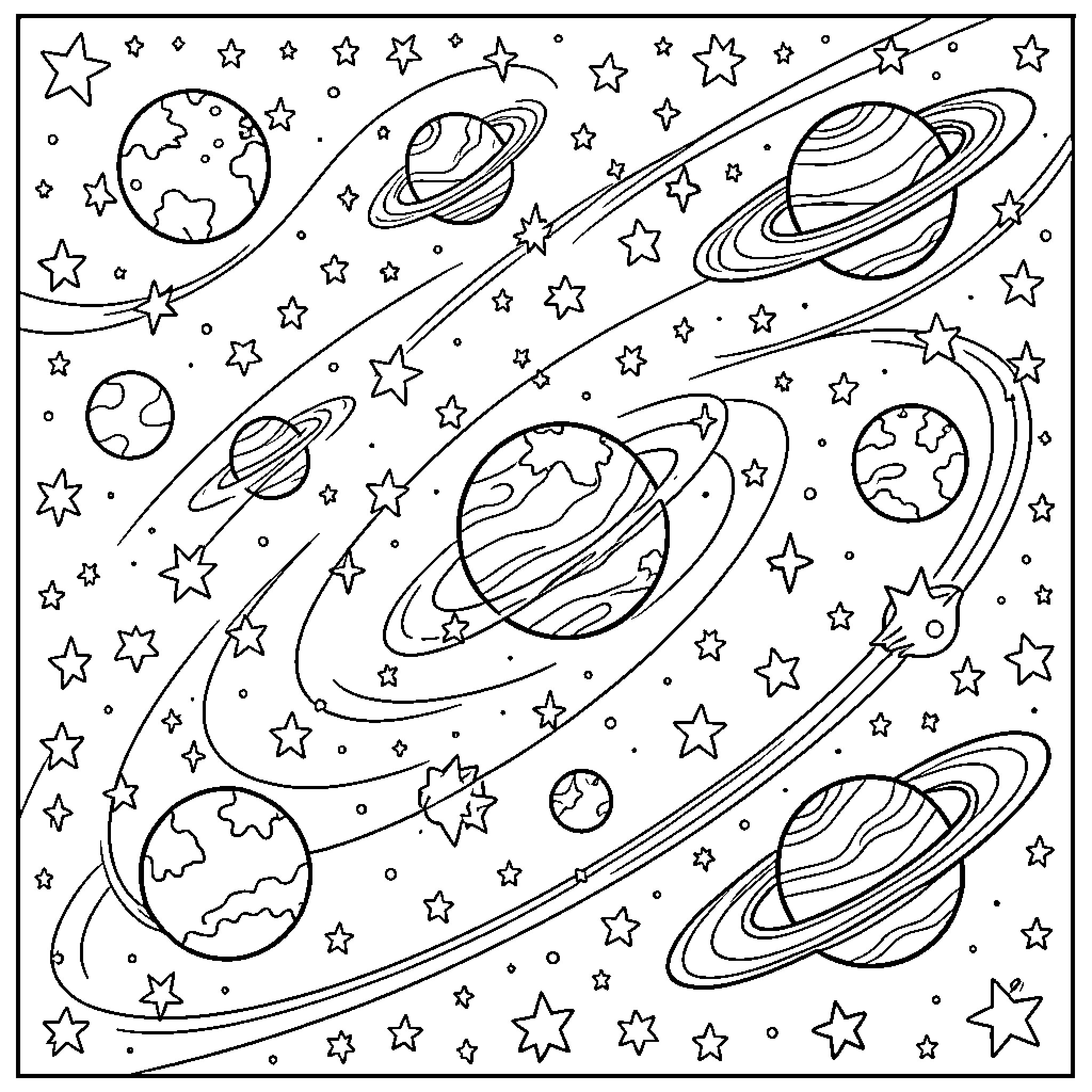 Space exploration and celestial bodies Coloring Page (free black-and-white line drawing printable PDF for all, from beginners to advanced learners, including children, teens, adults, and seniors)
