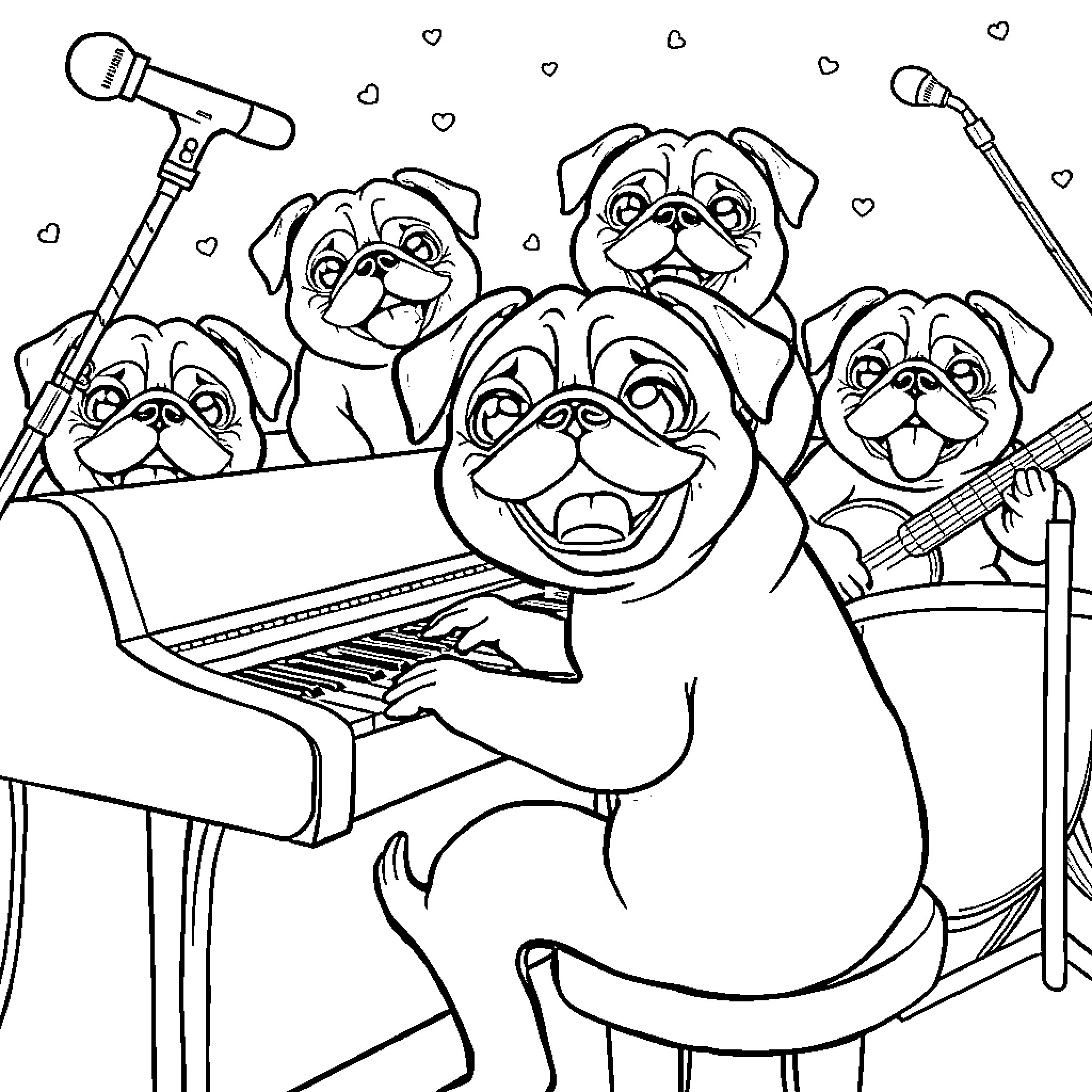 Pug Music Band Playing on Stage Coloring Page (free black-and-white line drawing printable PDF for all, from beginners to advanced learners, including children, teens, adults, and seniors)