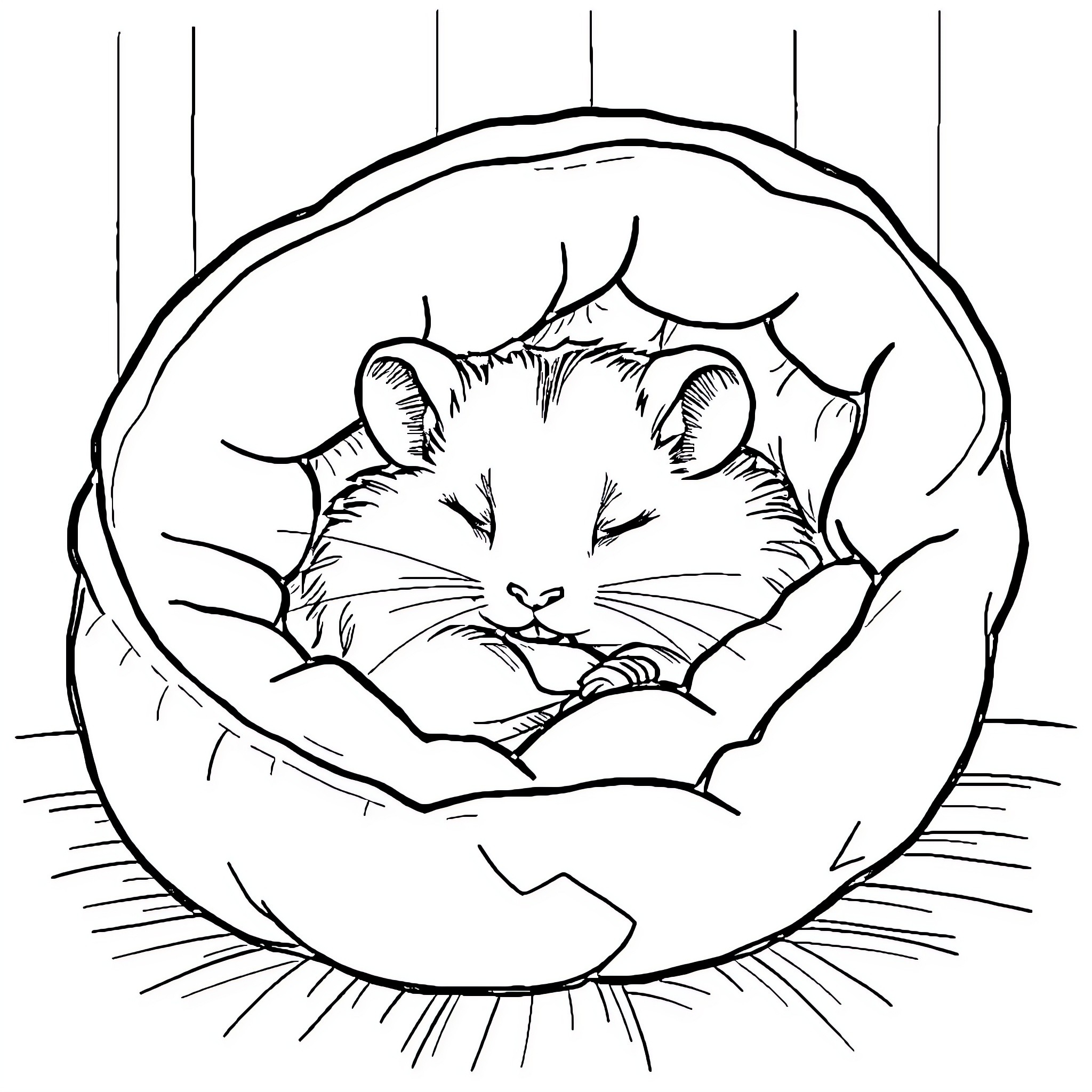Hamster snuggling in cozy ball Coloring Page (free black-and-white line drawing printable PDF for all, from beginners to advanced learners, including children, teens, adults, and seniors)