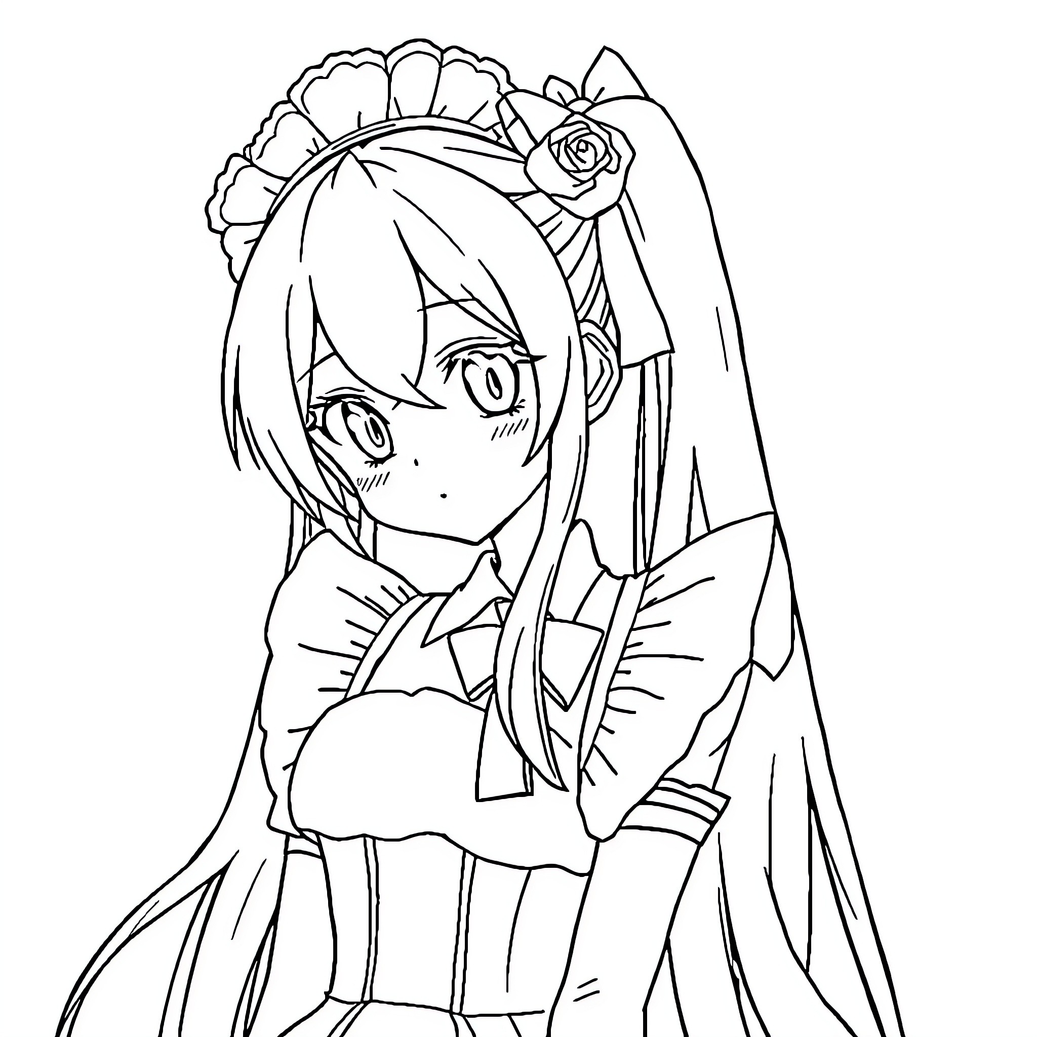 Hatsune Miku in elegant bridal attire Coloring Page (free black-and-white line drawing printable PDF for all, from beginners to advanced learners, including children, teens, adults, and seniors)
