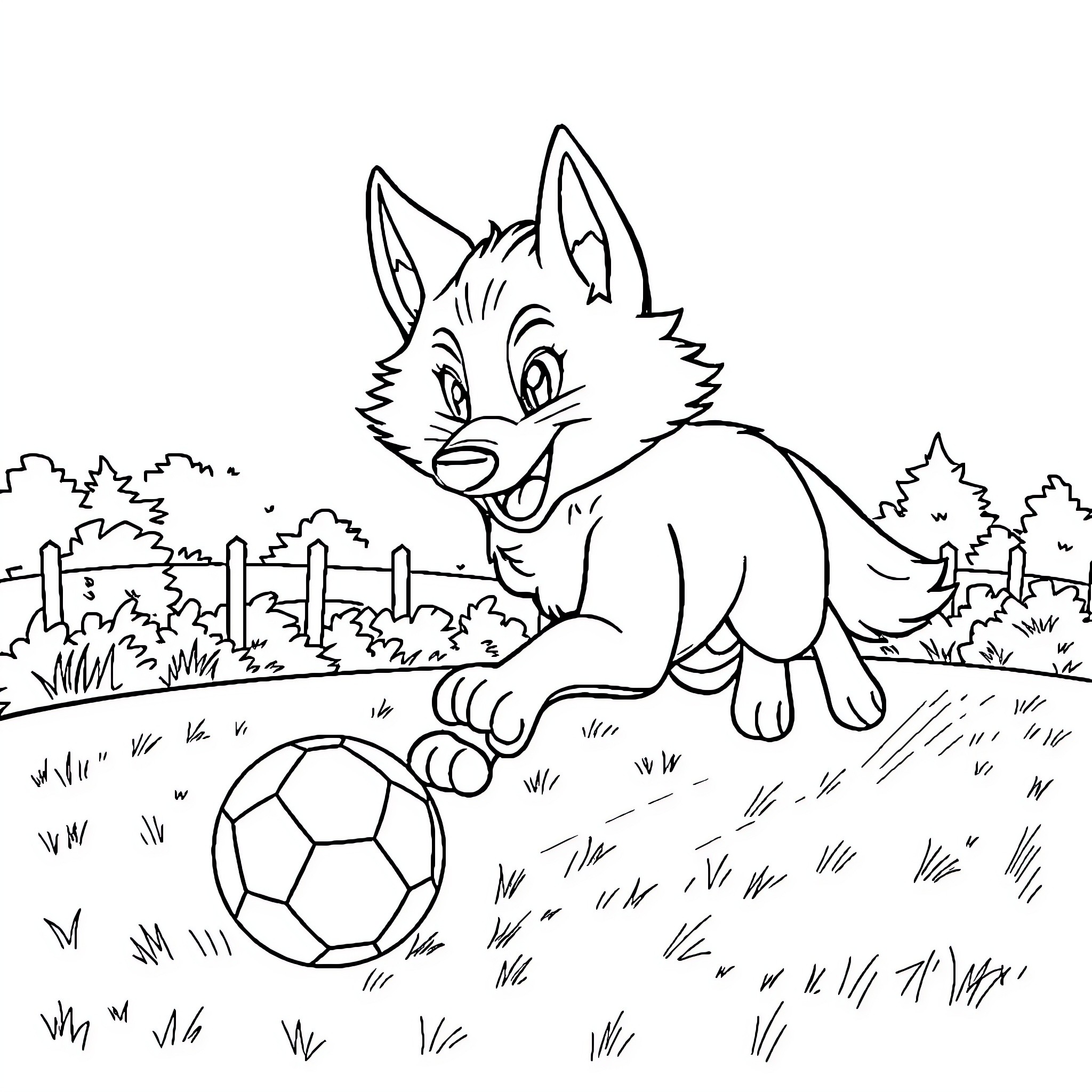 Wolf playing joyfully with soccer ball in the meadow Coloring Page (free black-and-white line drawing printable PDF for all, from beginners to advanced learners, including children, teens, adults, and seniors)