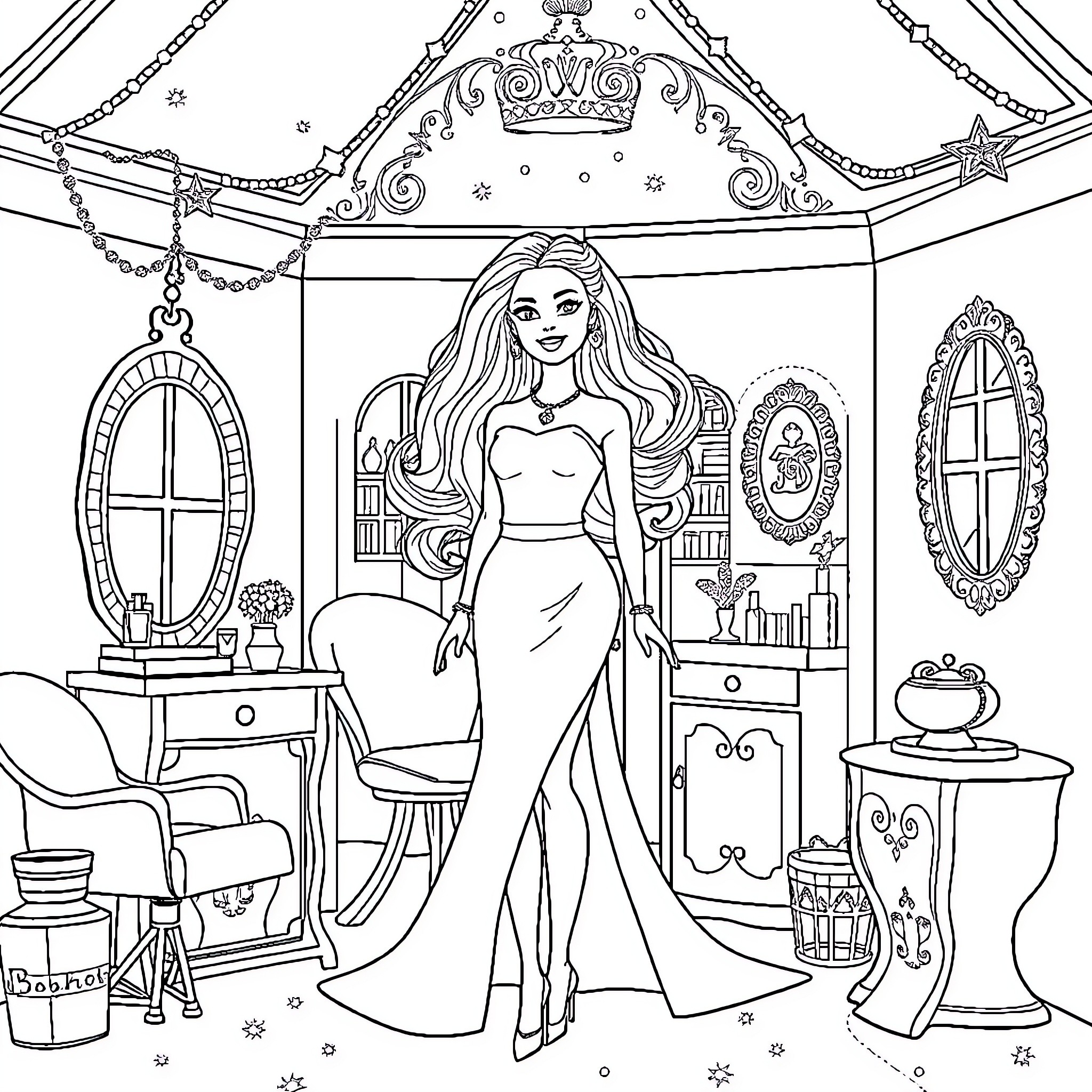 Barbie in a Lavish Palace Interior Coloring Page (free black-and-white line drawing printable PDF for all, from beginners to advanced learners, including children, teens, adults, and seniors)