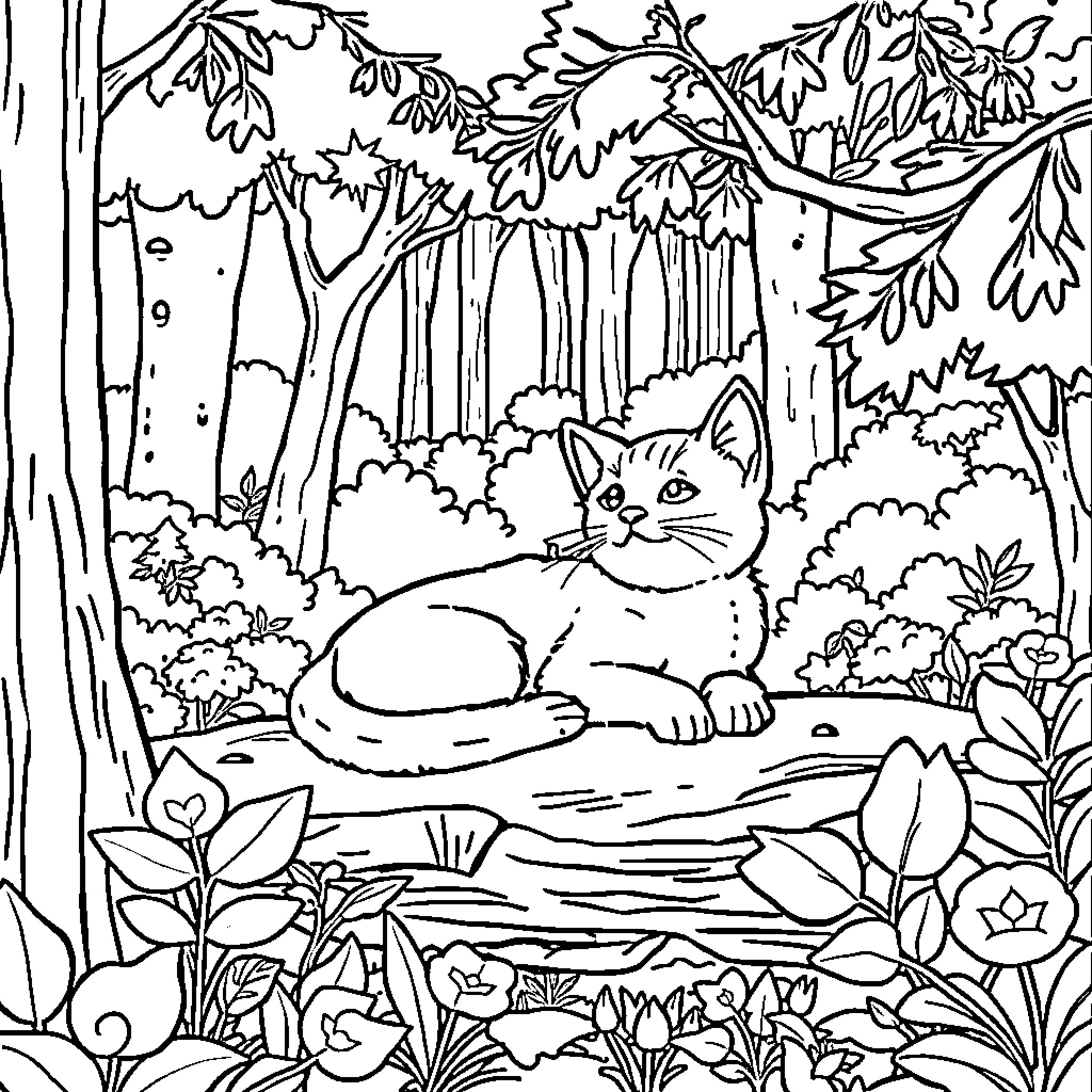 Kitten resting peacefully in the enchanting forest Coloring Page (free black-and-white line drawing printable PDF for all, from beginners to advanced learners, including children, teens, adults, and seniors)