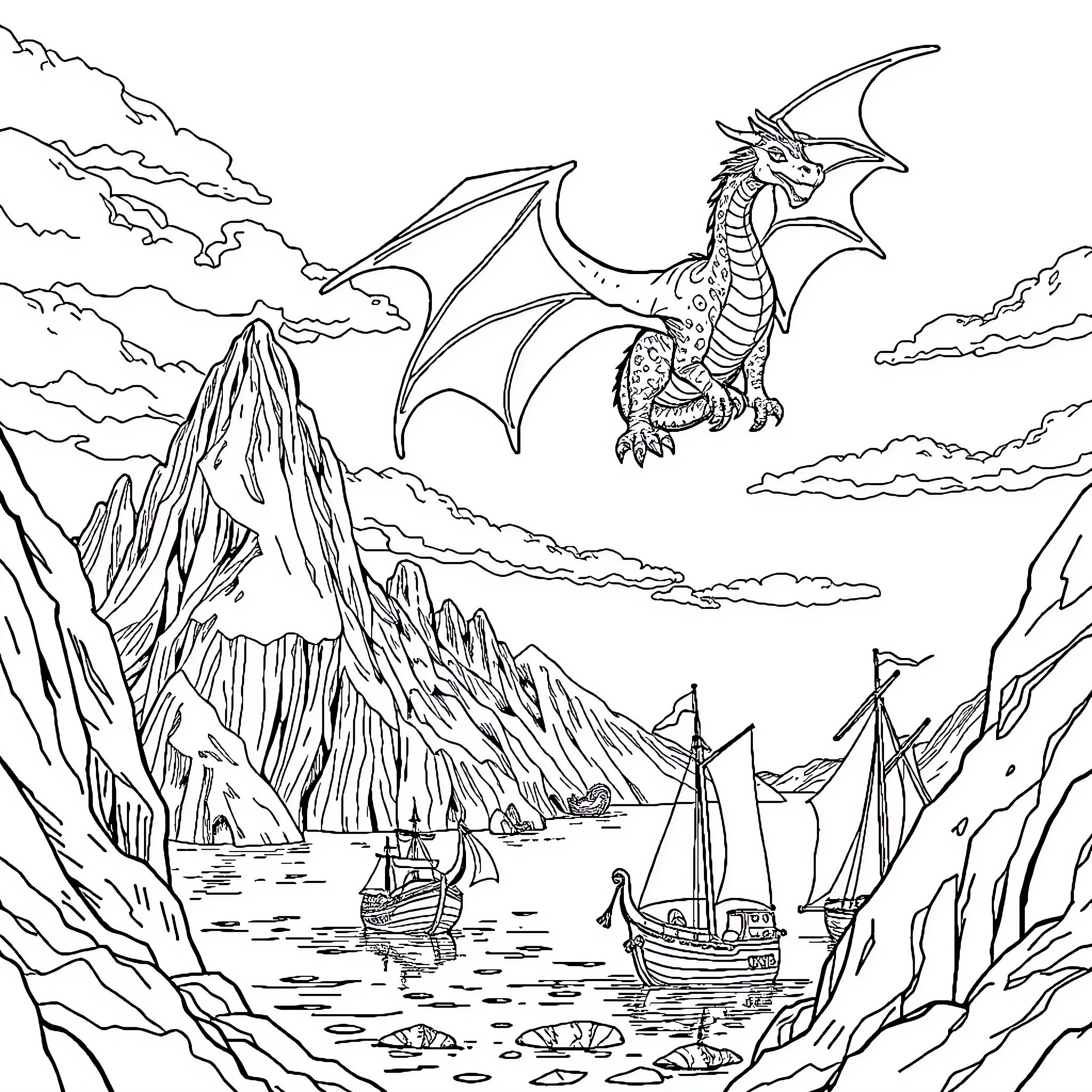 Reine des Neiges: Dragon soaring over a coastal landscape Coloring Page (free black-and-white line drawing printable PDF for all, from beginners to advanced learners, including children, teens, adults, and seniors)