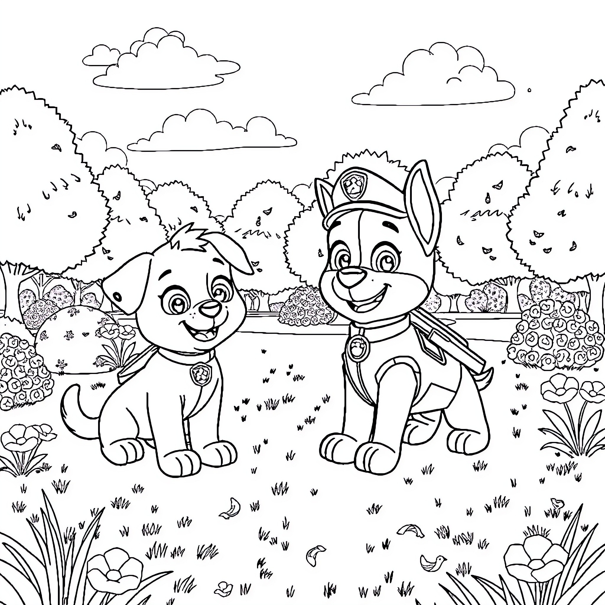 Paw Patrol Friends in Nature Coloring Page (free black-and-white line drawing printable PDF for all, from beginners to advanced learners, including children, teens, adults, and seniors)