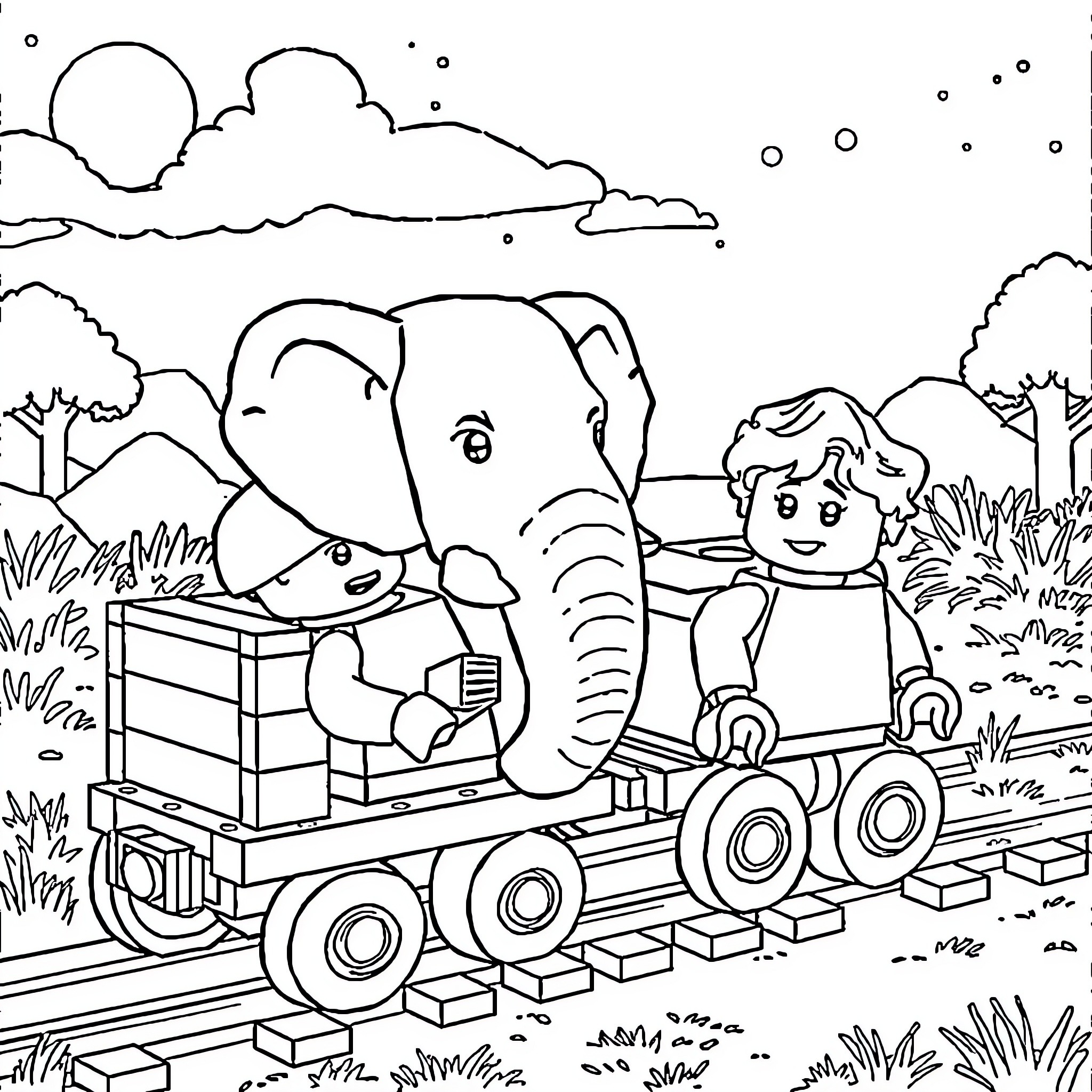 Lego elephants and child exploring the wilderness Coloring Page (free black-and-white line drawing printable PDF for all, from beginners to advanced learners, including children, teens, adults, and seniors)