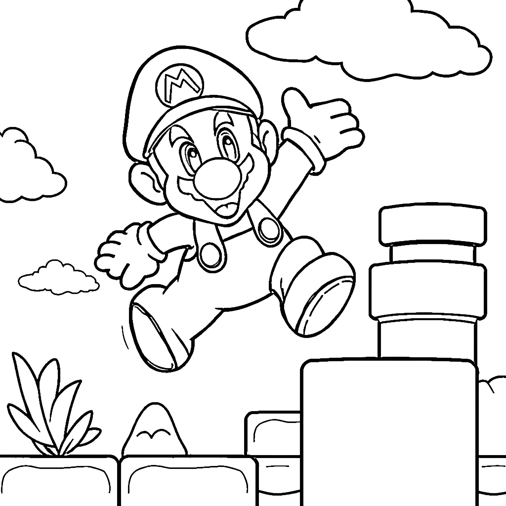 Mario jumping cheerfully in the clouds Coloring Page (free black-and-white line drawing printable PDF for all, from beginners to advanced learners, including children, teens, adults, and seniors)