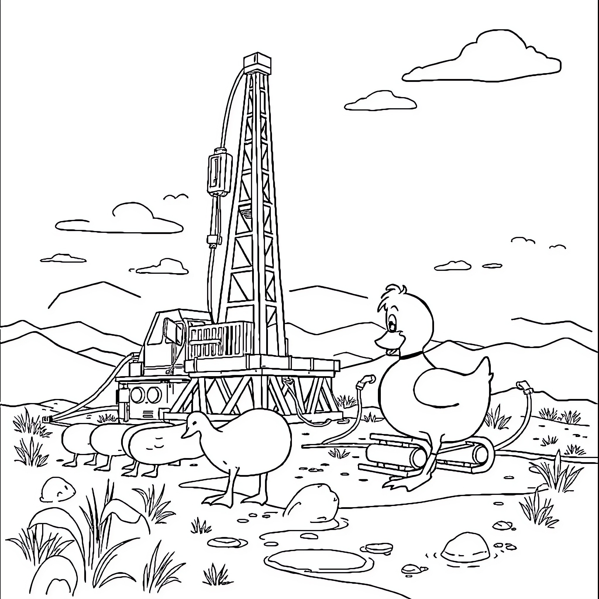 Duck exploring an oil drilling rig in the countryside Coloring Page (free black-and-white line drawing printable PDF for all, from beginners to advanced learners, including children, teens, adults, and seniors)