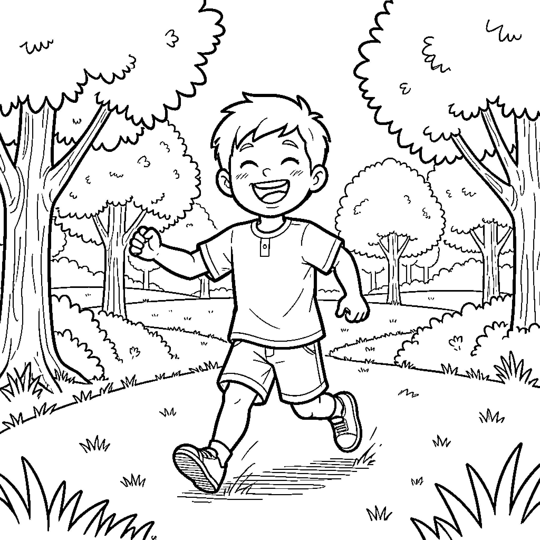 Kid running joyfully through a forest park Coloring Page (free black-and-white line drawing printable PDF for all, from beginners to advanced learners, including children, teens, adults, and seniors)