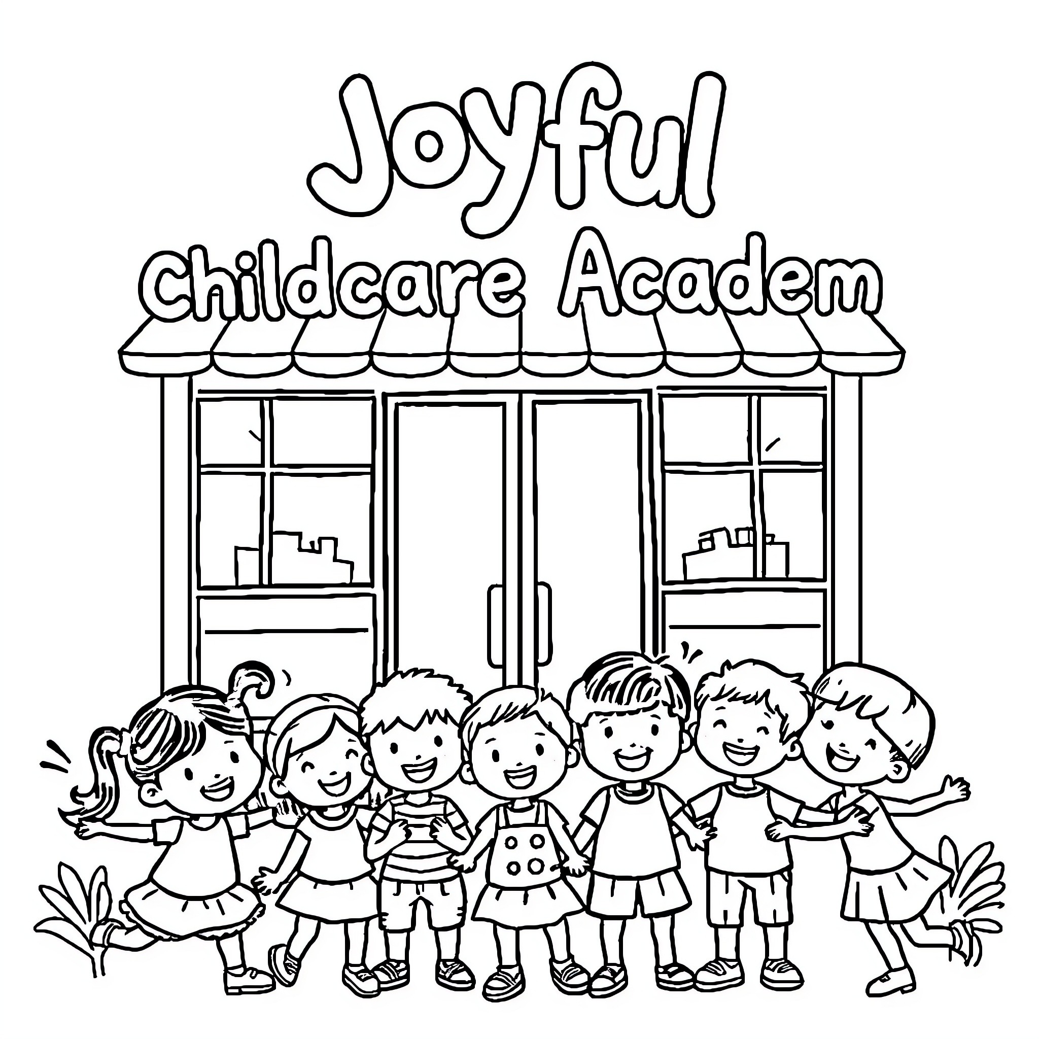 Children at joyful childcare academy Coloring Page (free black-and-white line drawing printable PDF for all, from beginners to advanced learners, including children, teens, adults, and seniors)