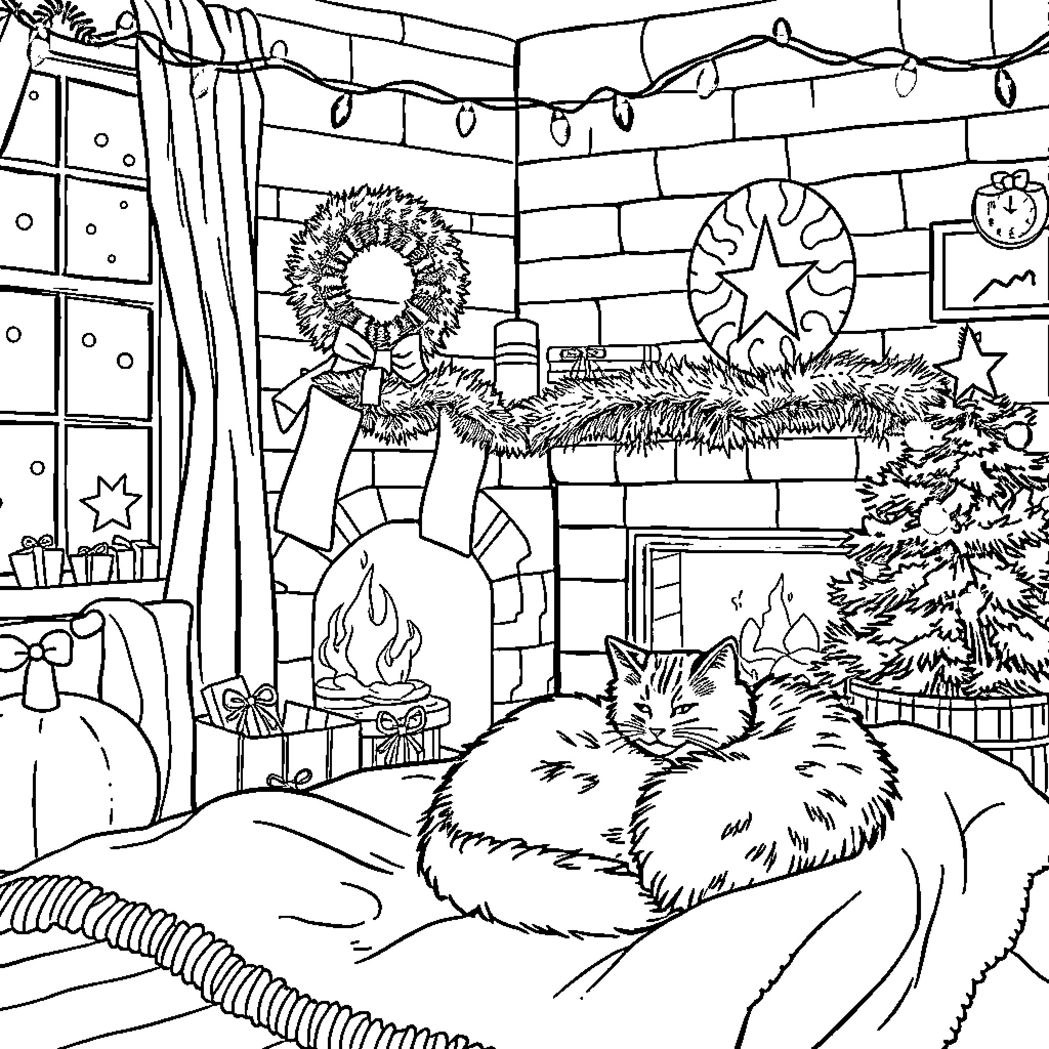 Cat resting comfortably by the fireplace Coloring Page (free black-and-white line drawing printable PDF for all, from beginners to advanced learners, including children, teens, adults, and seniors)