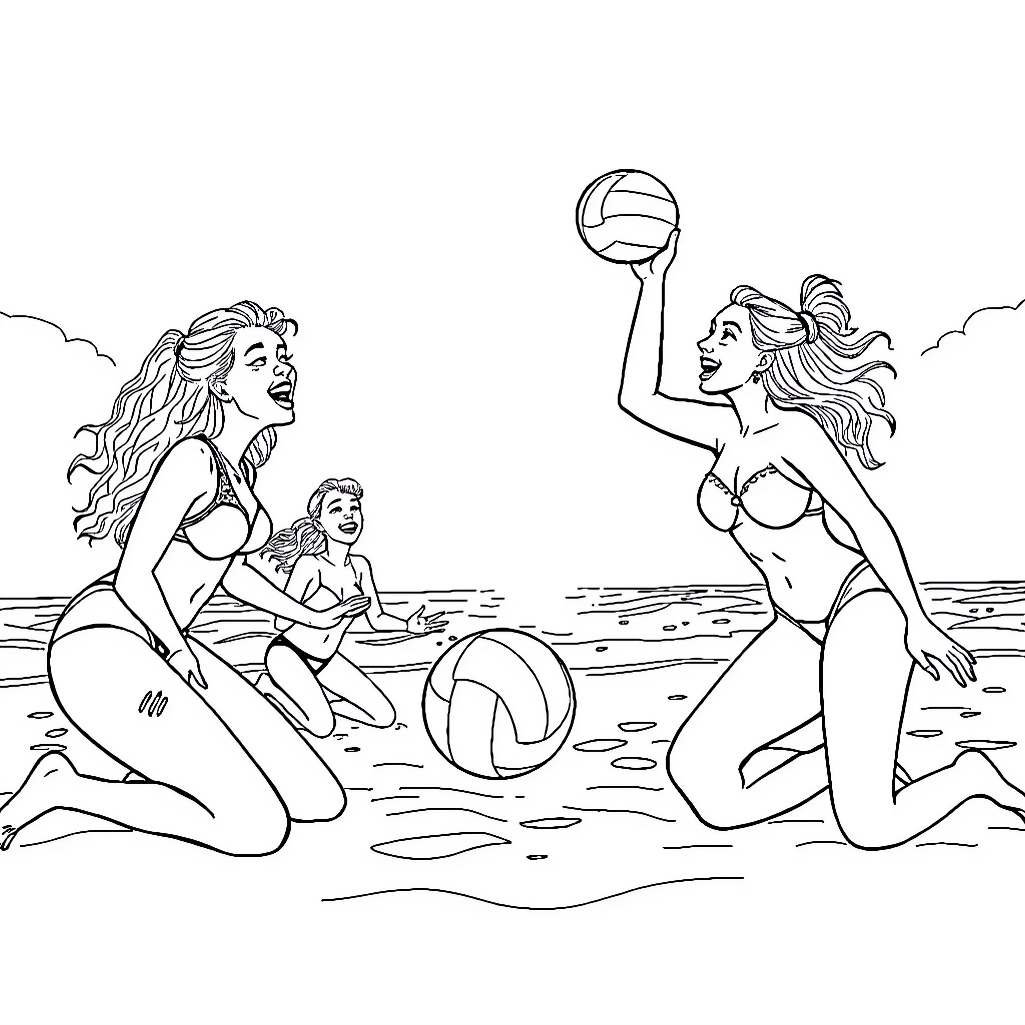 SZA Enjoying Beach Volleyball with Friends Coloring Page (free black-and-white line drawing printable PDF for all, from beginners to advanced learners, including children, teens, adults, and seniors)