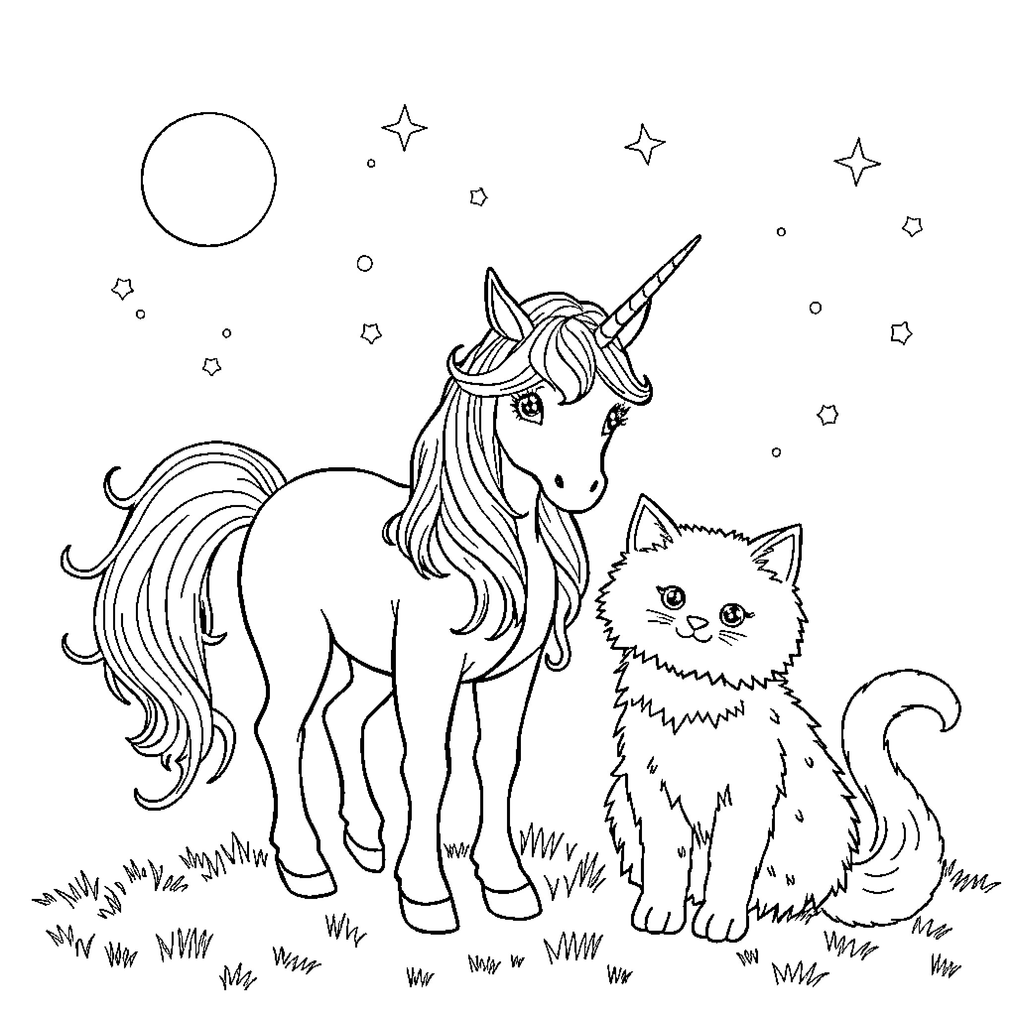 Unicorn and Furry Companion in Starry Scene Coloring Page (free black-and-white line drawing printable PDF for all, from beginners to advanced learners, including children, teens, adults, and seniors)