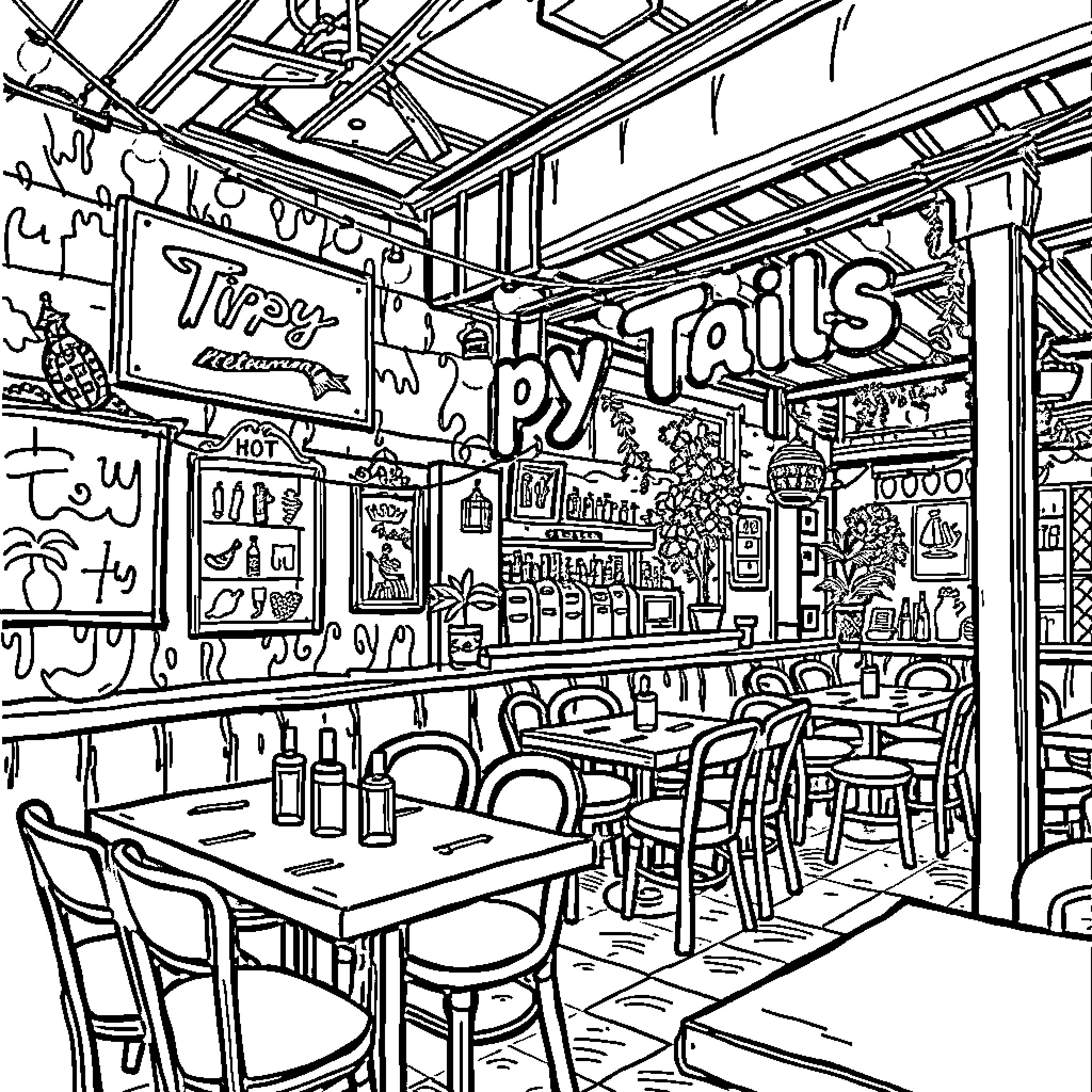 Restaurant with lively decor and casual setting Coloring Page (free black-and-white line drawing printable PDF for all, from beginners to advanced learners, including children, teens, adults, and seniors)
