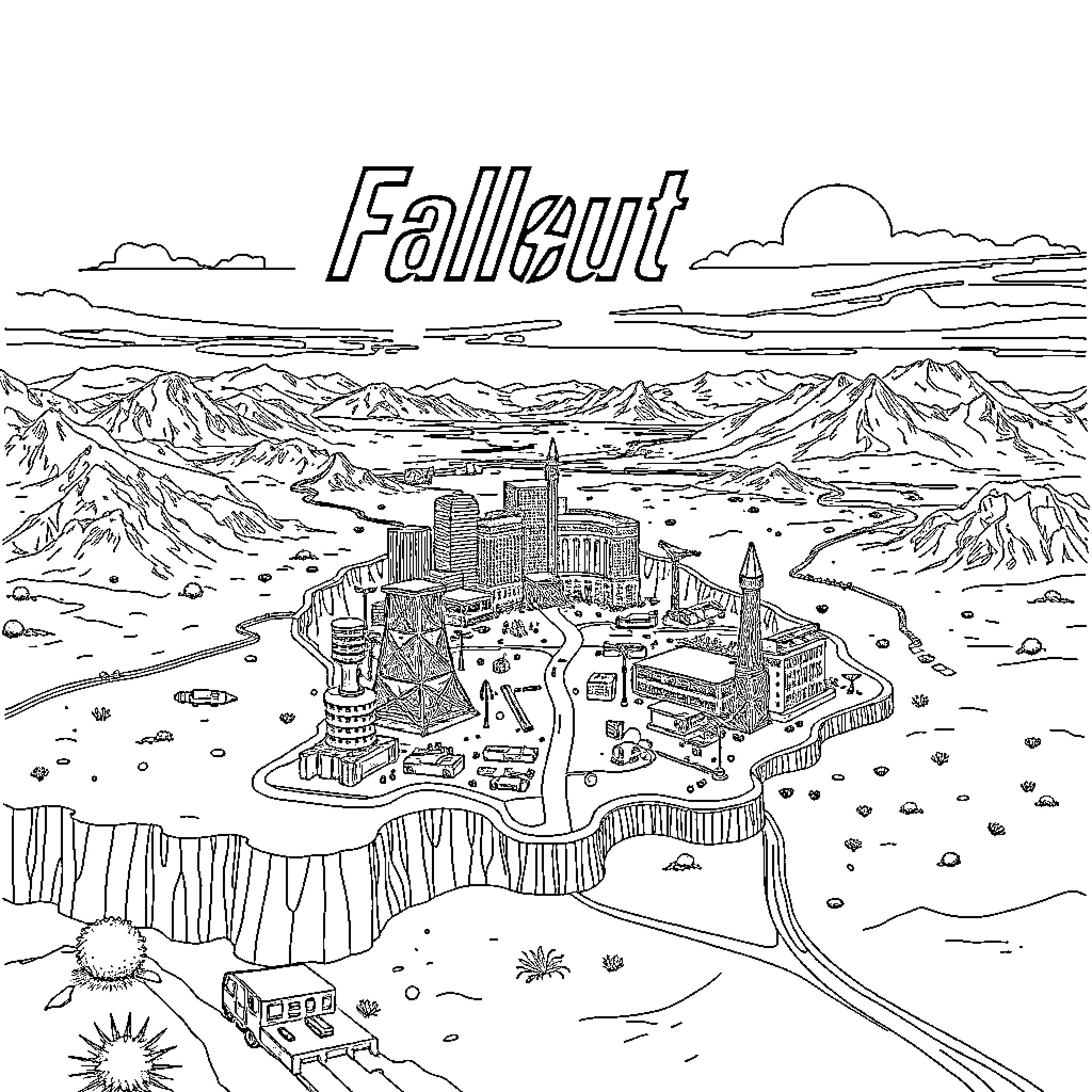 Fallout: Desolate Landscape with Ruined City Coloring Page (free black-and-white line drawing printable PDF for all, from beginners to advanced learners, including children, teens, adults, and seniors)