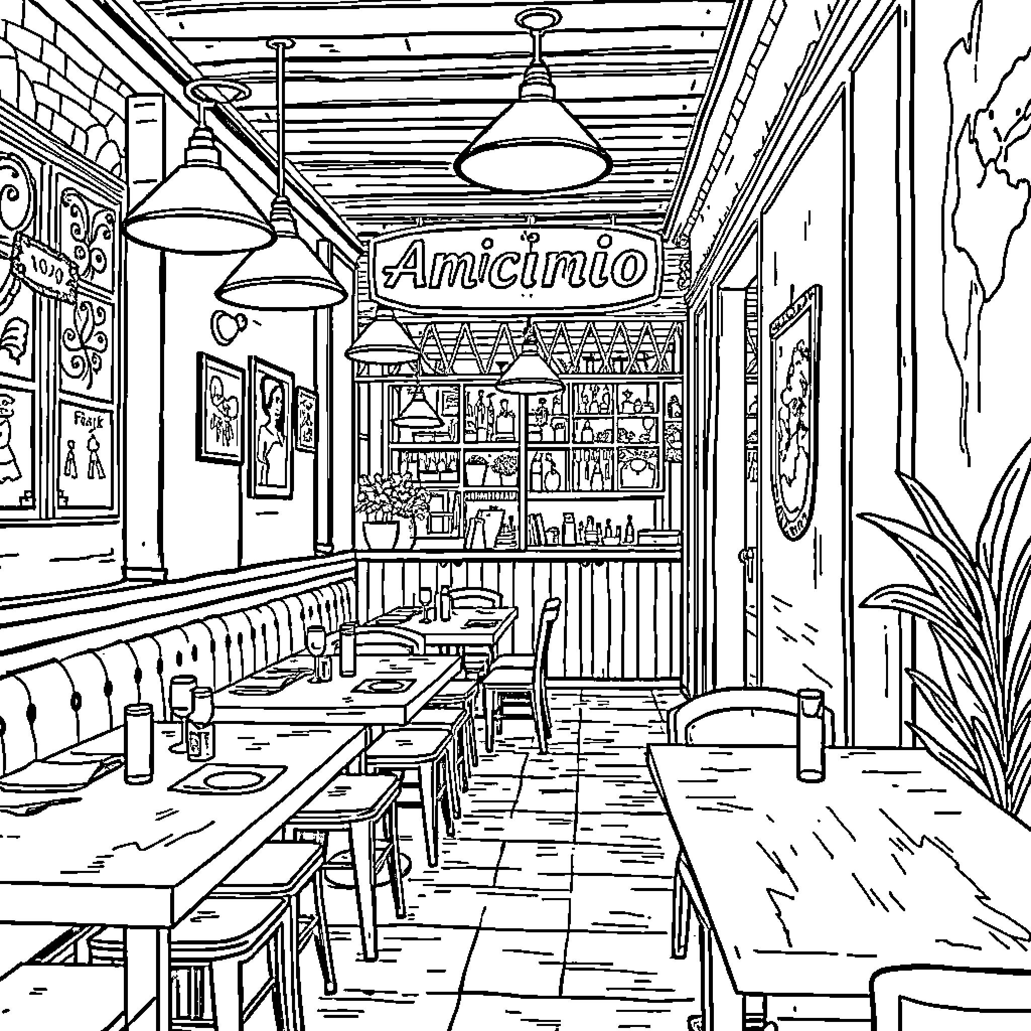 Restaurant with Cozy Interior and Signage Coloring Page (free black-and-white line drawing printable PDF for all, from beginners to advanced learners, including children, teens, adults, and seniors)